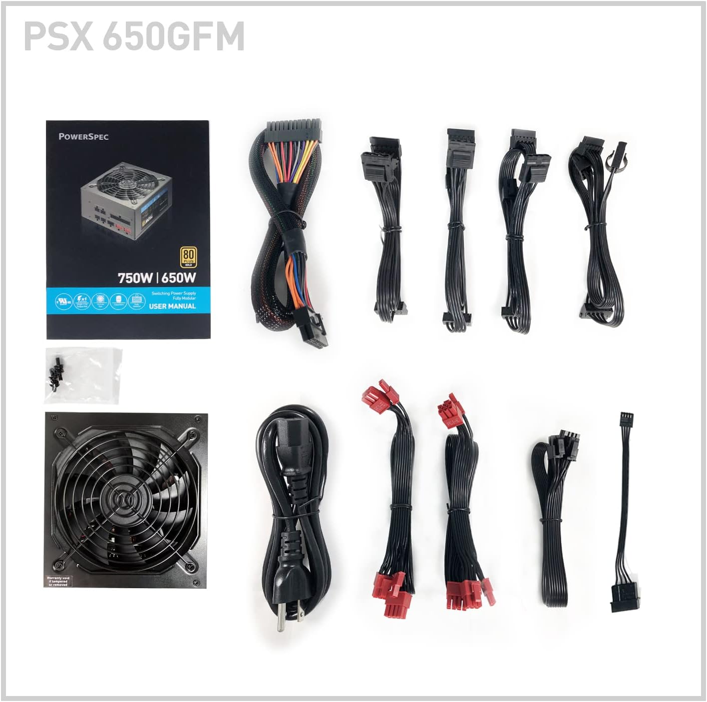 Contents of the PowerSpec 650W Power Supply package, including the PSU, modular cables, power cord, screws, and manual.