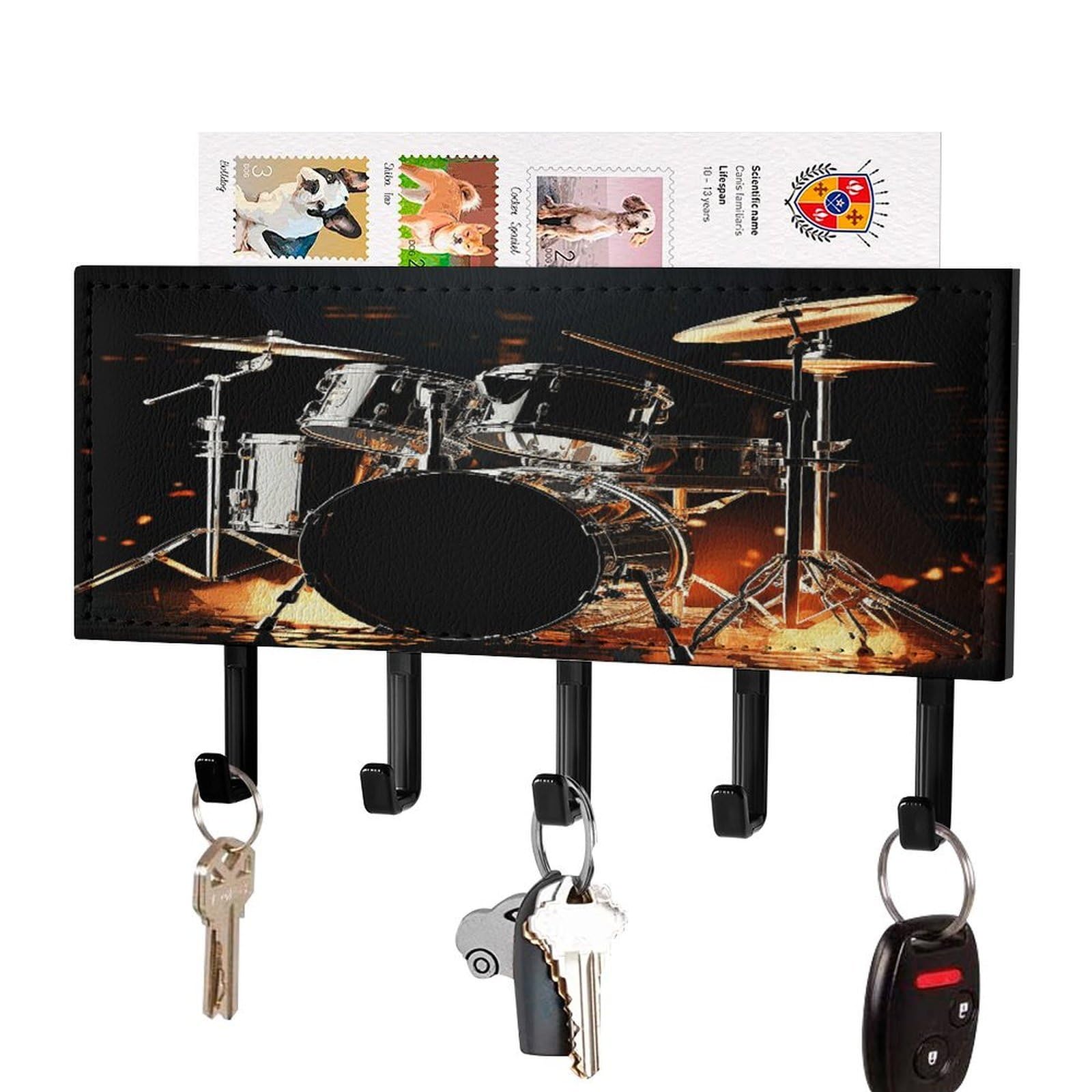 JTREHY Drummer Key Holder Wall Mount Decorative Key and Mail Holder PU Leather Adhesive Key Organizer Hanging Key Hooks Wall Shelf with 5 Hooks for Entryway Hallway Office