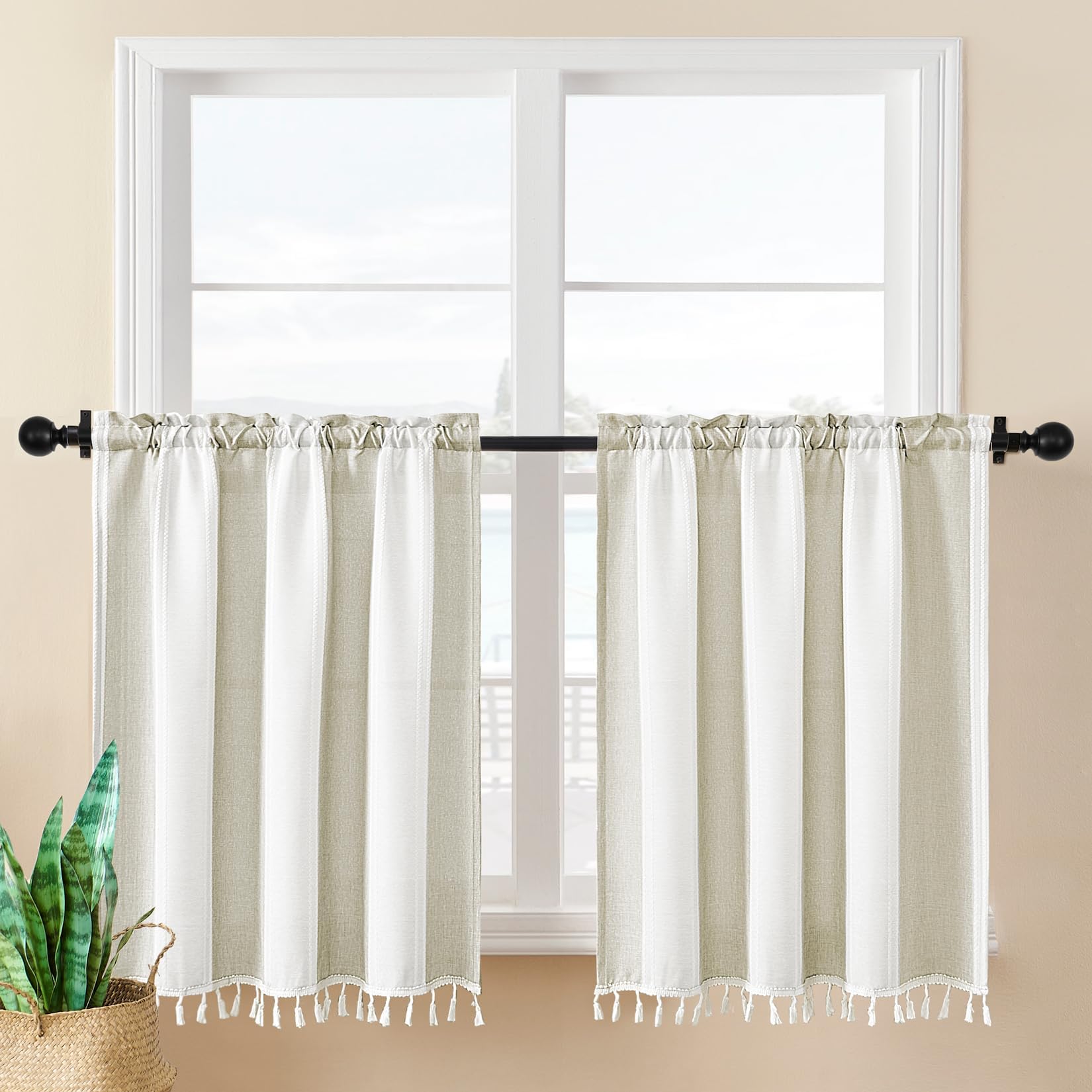 Amazon.com: Rama Rose Boho Short Curtains, Linen Textured Cafe Curtains with Tassels, 24 Inch ...