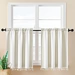 Home Queen Boho Kitchen Curtains 36 Inch Length Striped Linen Cafe Curtains Short Curtains with Tassel for Small Bathroom Window Farmhouse Light Filtering Rod Pocket Tier Curtains Set of 2, Blue Gray