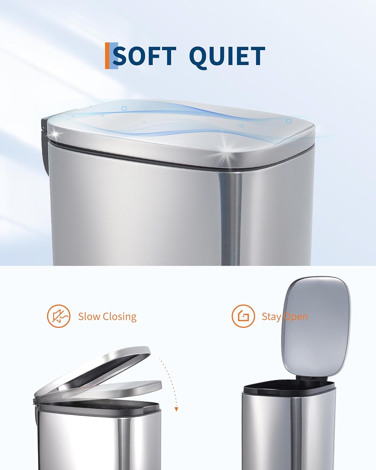 Garvee Slim Kitchen Trash Can 13 Gal, Skinny Stainless Steel Garbage Can with Removable Inner Bucket & Soft Close Lid, Narrow Trash Bin for Bathroom Living Room Office, Silver - Image 3