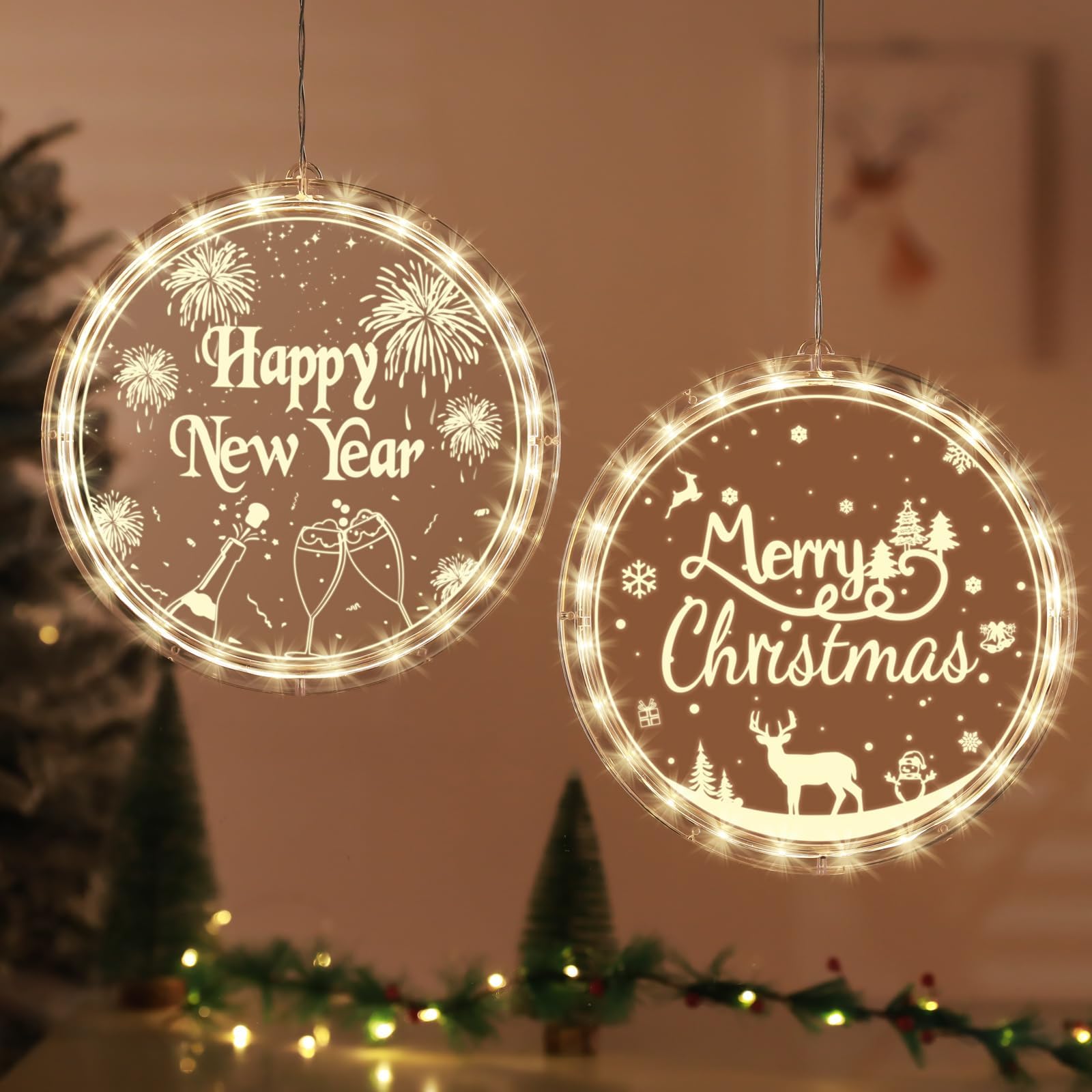 BLOOMWIN Christmas Window Hanging Lights - 2 Pack Window Lights Christmas and New Year Decor Merry Christmas Happy New Year Battery Powered (Not Included), 20cm, Warm White