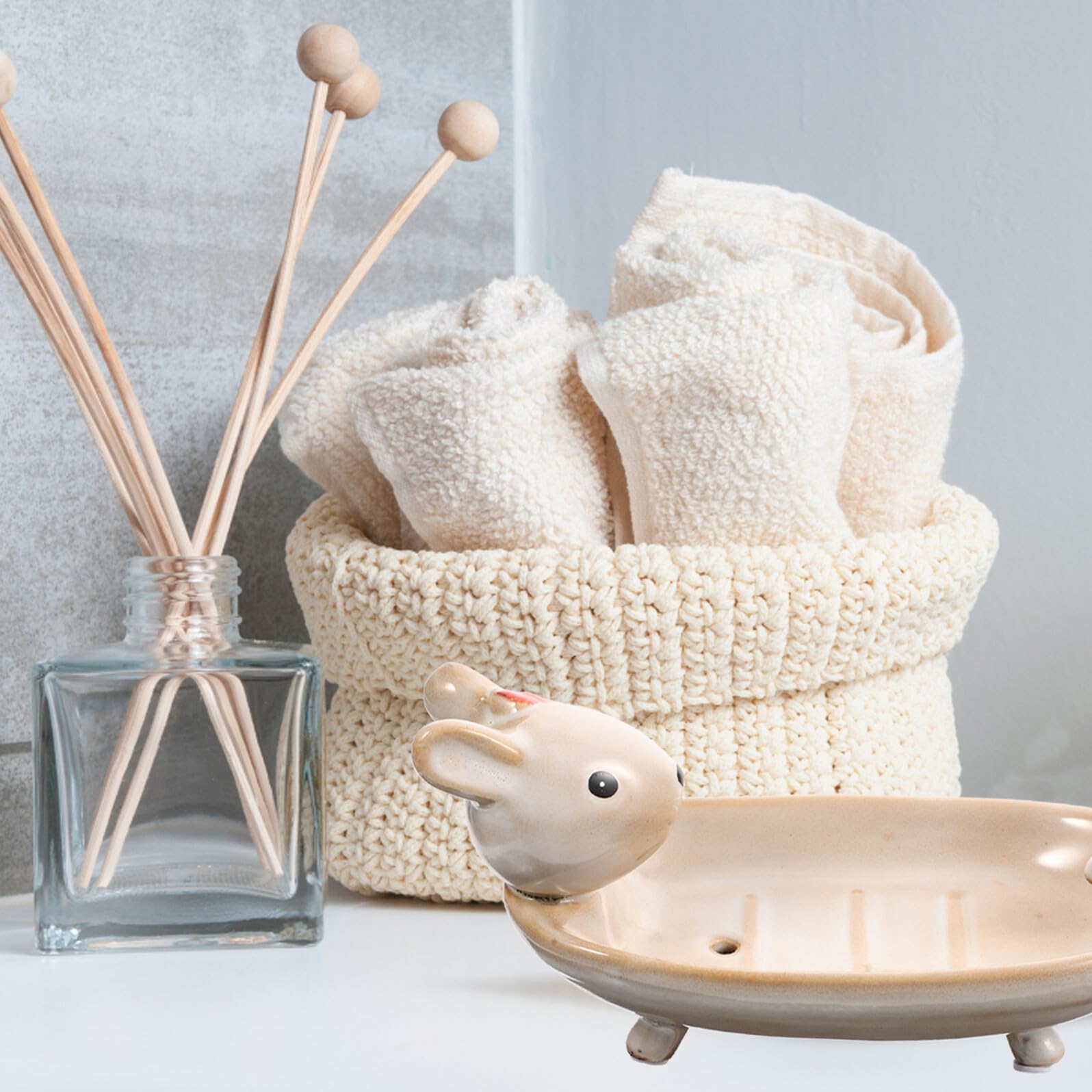 Jabonera de Doble con Diseño de Conejo Resistente al Agua y Estable Bandeja para Jabón y Soporte para Llaves para Lavabo y Baño