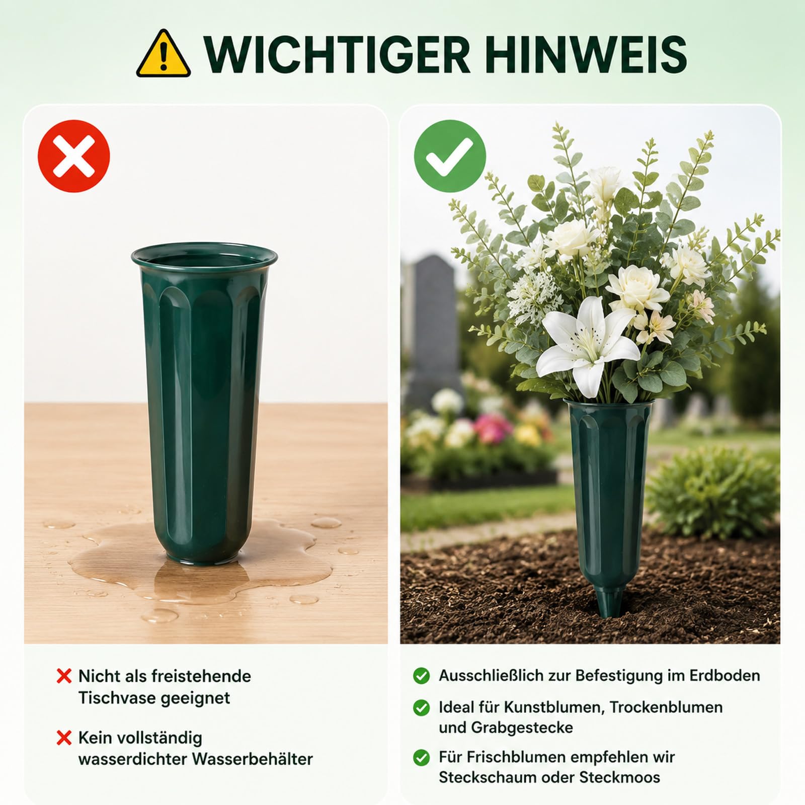 2 Stück Grabvase mit Erdspieß wetterfest Kunststoff Friedhofsvase Grab | Grabvasen mit Steckaufsatz Friedhofsvase Grabvase für Grabstätten Denkmal Friedhof Gartendekoration