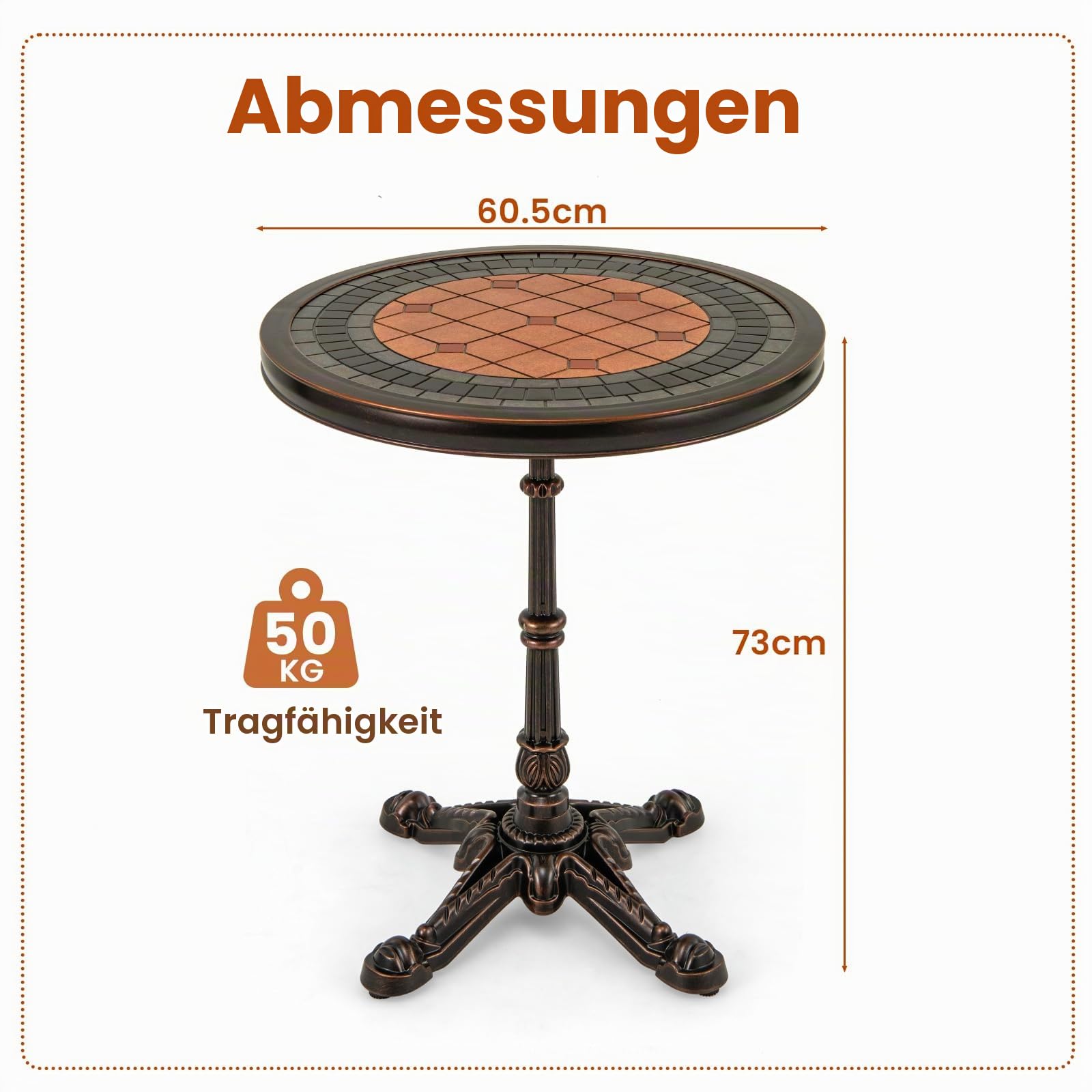 KOMFOTTEU Runder Gartentisch aus Aluminiumguss, Balkontisch mit Schiefer-Textur & Patchwork, Terrassentisch Vintage-Stil, φ60,5 x 73 cm