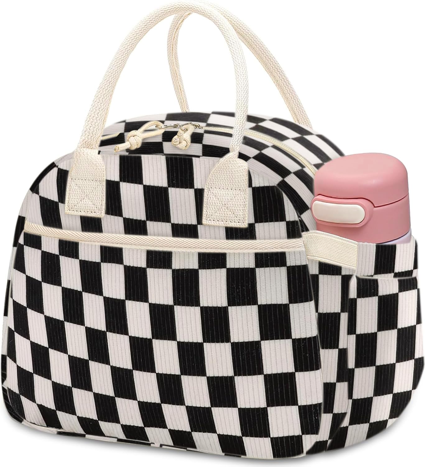 Carry bloom Lunch Box for Women, Insulated Lunch Bag Cute Corduroy Lunchbag Reusable Lunchbox for Work (checkered black white)