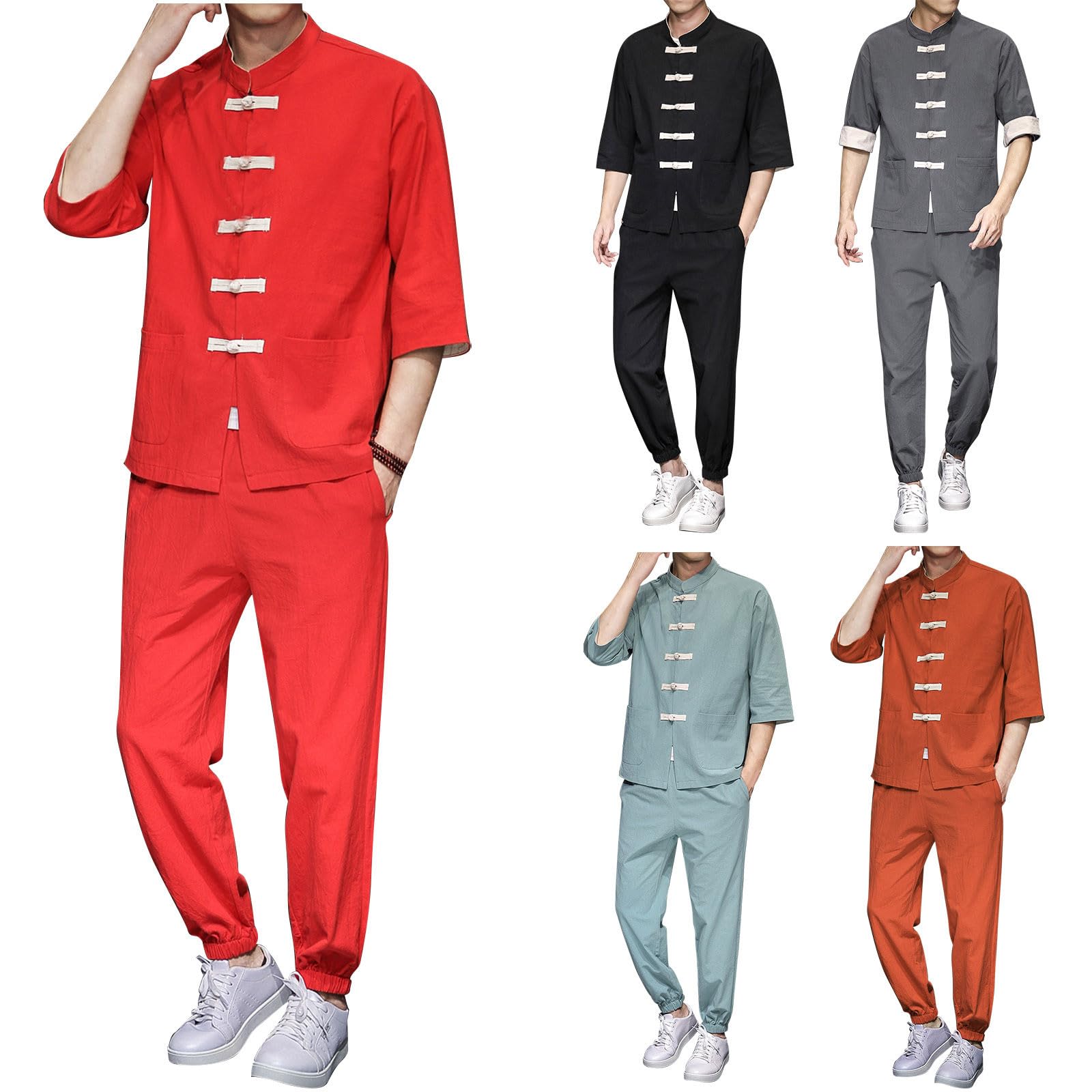 Tuta Tang Uomo Tradizionale Cinese Abbigliamento Arti Marziali Kung Fu Cotone Lino Tai Chi Uniform Kung Fu Vestito Tradizionale Costume Hanfu Camicia Lunga Cappotto Top e Pantaloni