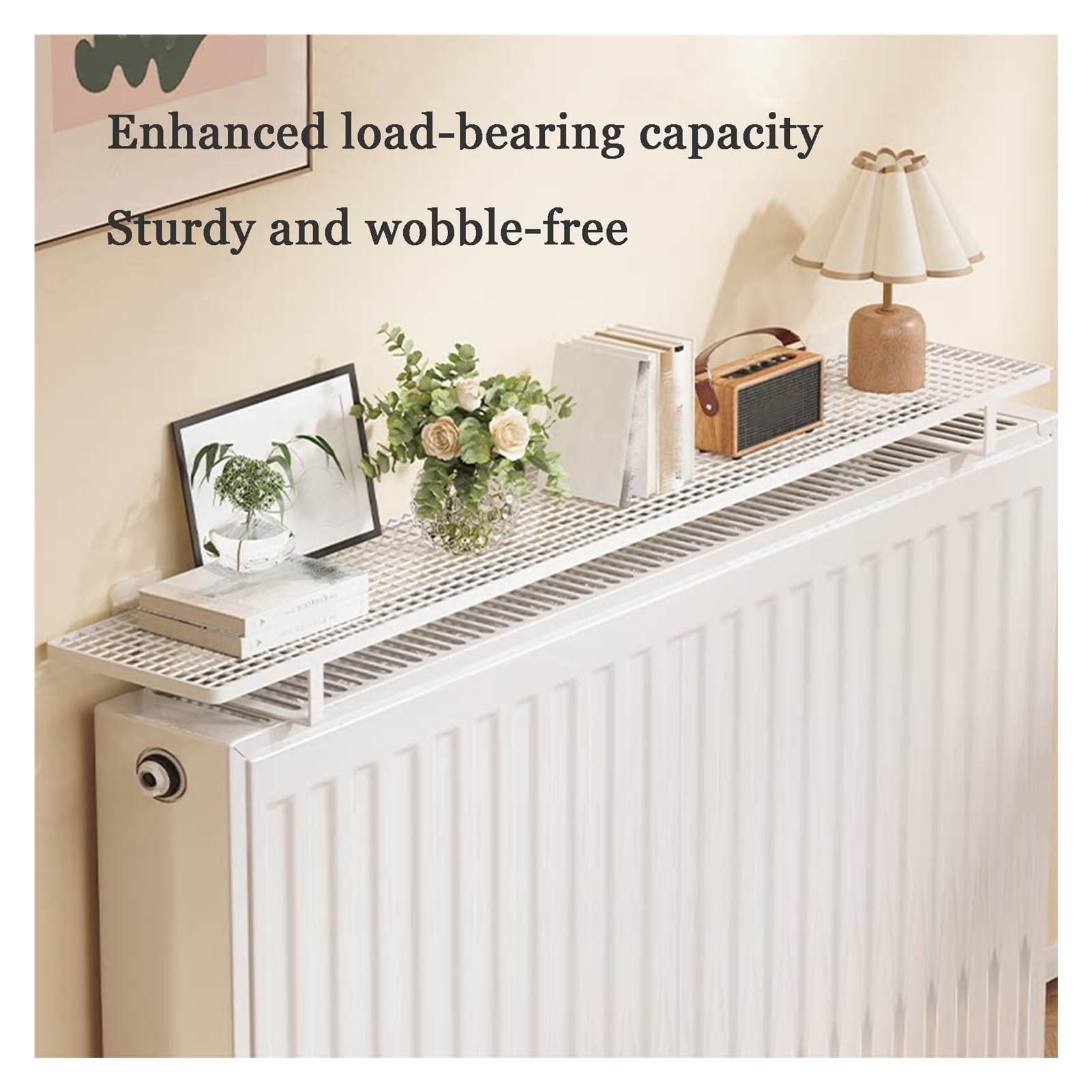 Scaffale per termosifone, bianco, senza trapano, 45 x 15 x 3 cm, ideale per organizzare la camera da letto, decorazione domestica, oggetti vari, supporto multifunzionale per ornamenti