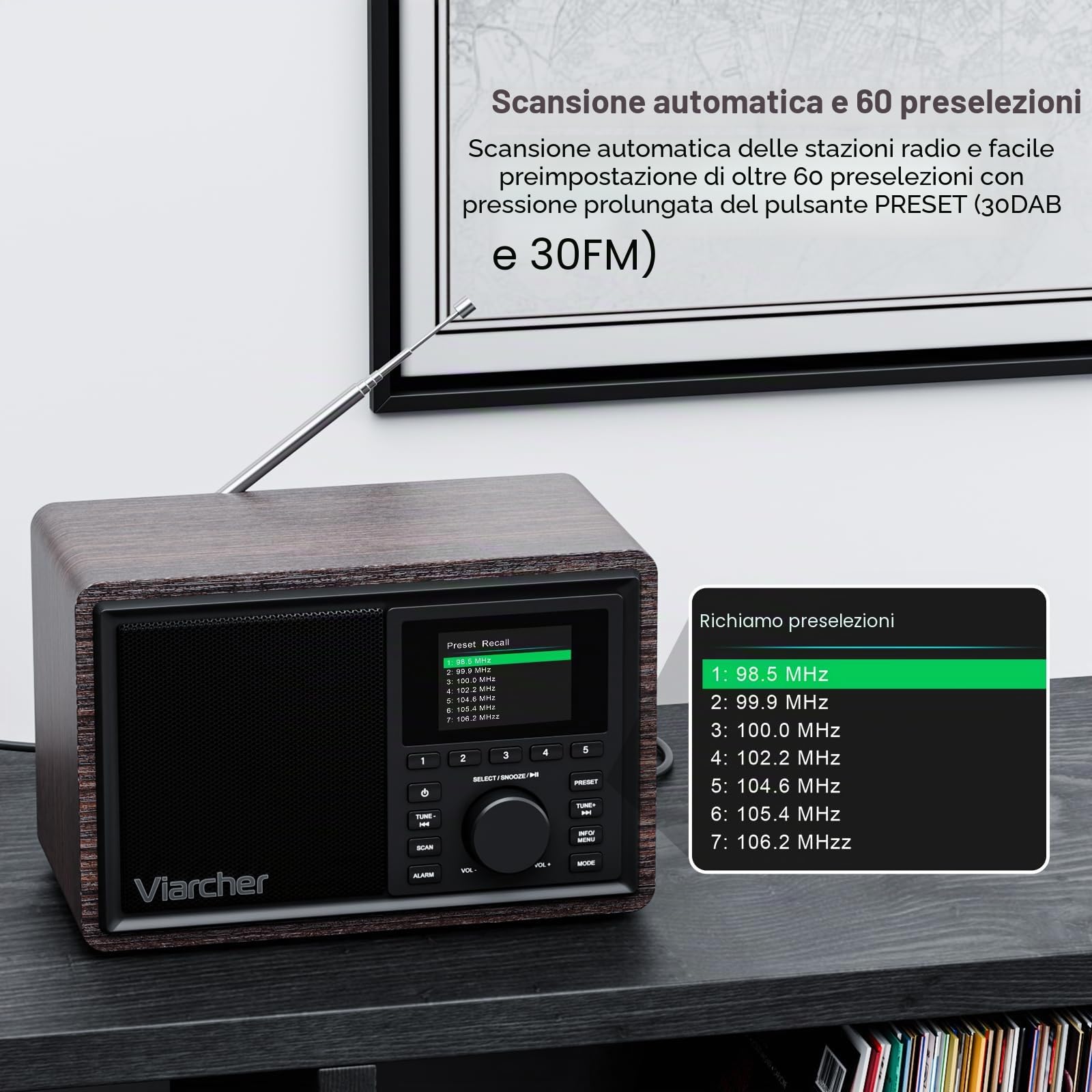 DAB/DAB+ e Radio FM Digitale con Bluetooth, doppia sveglia, timer di spegnimento, 60 preset, AUX IN, jack cuffie, display a colori 2.4'', radio da cucina per casa, noce