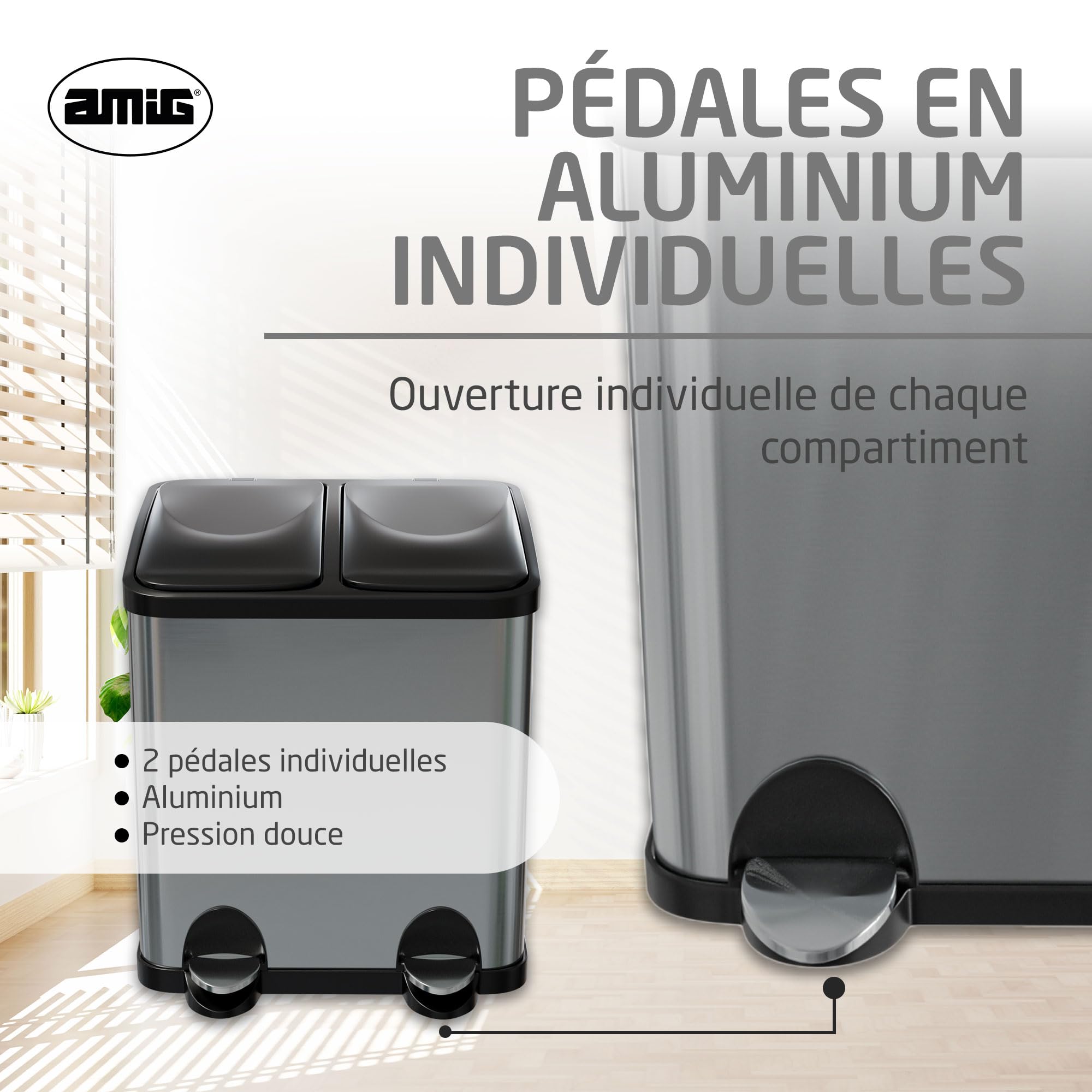 Amig - Poubelle de Recyclage Double avec Pédales Mod. RECIK2 - Poubelle Anti-traces pour Cuisine - Acier Inoxydable - 2 Compartiments x 15 L - 48 x 32 x 40 cm - Argenté