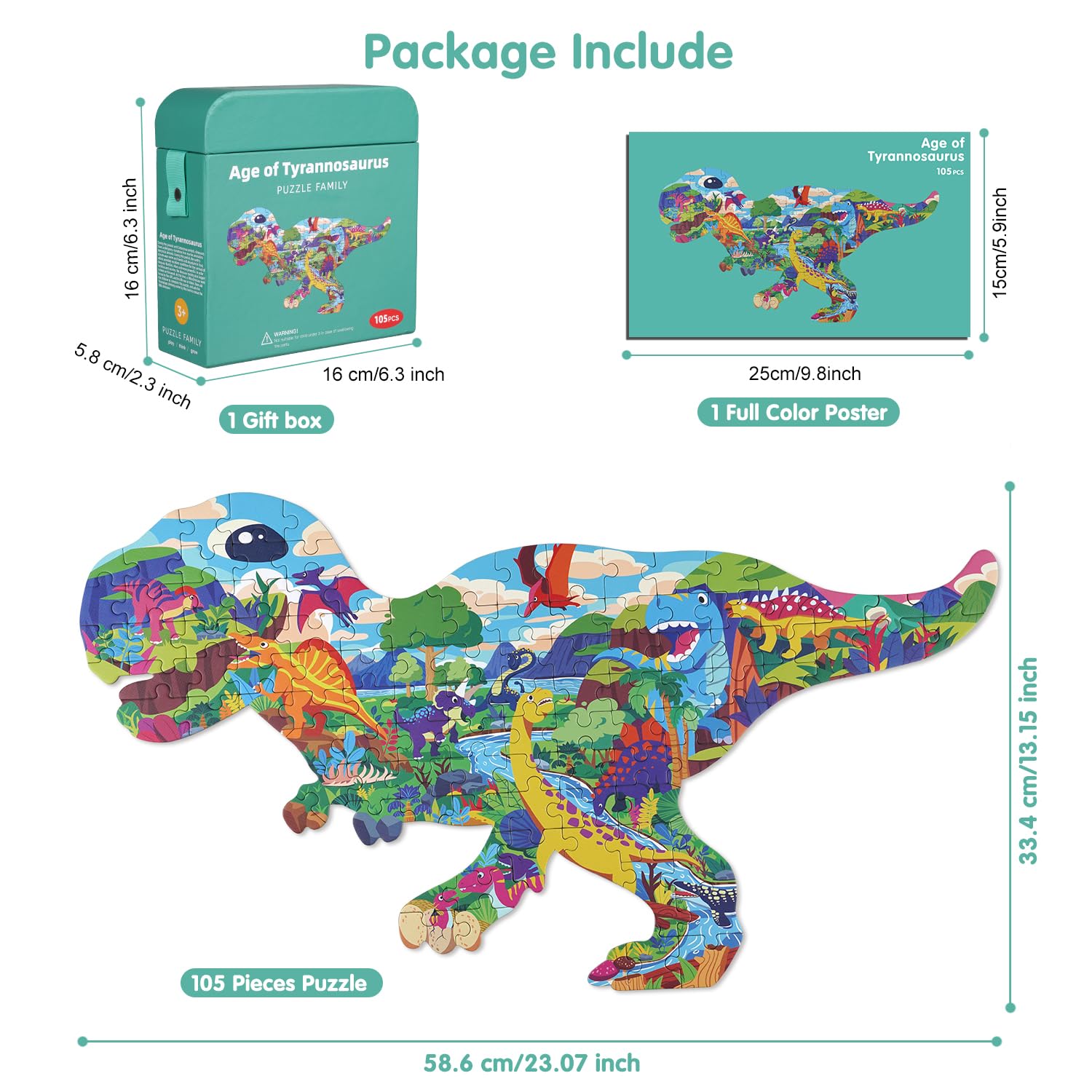 Puzzle per Bambini Tyrannosaurus Rex, Puzzle da 105 Pezzi con Pezzi Grandi per Bambini di Età 4 5 6 7 8 9 10 Anni.