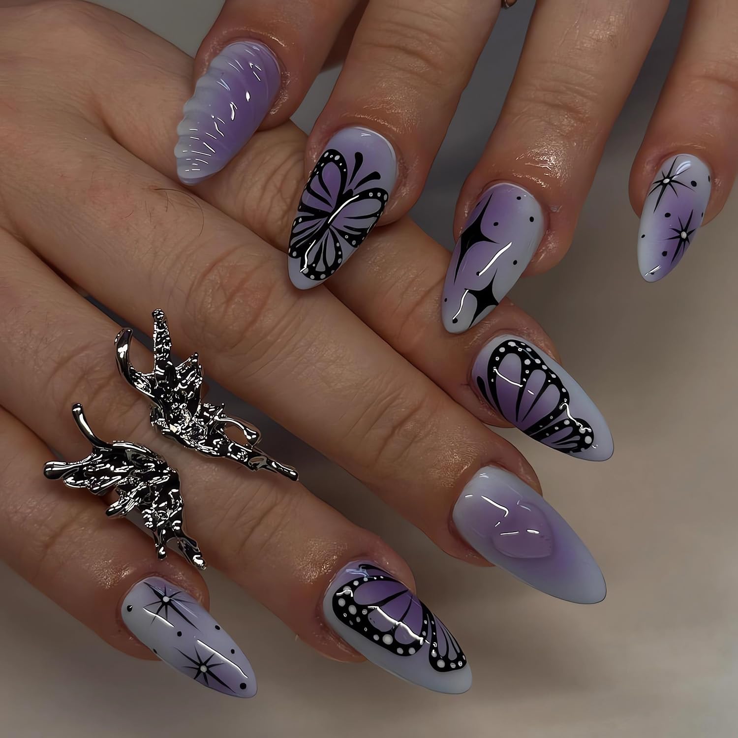 LPOODDNU Almond Press on Nails 3D Design Purple Fake Nails Medium Length Butterfly Star Glue on Nails Cute Acrylic Nails Press ons Glossy Full Cover