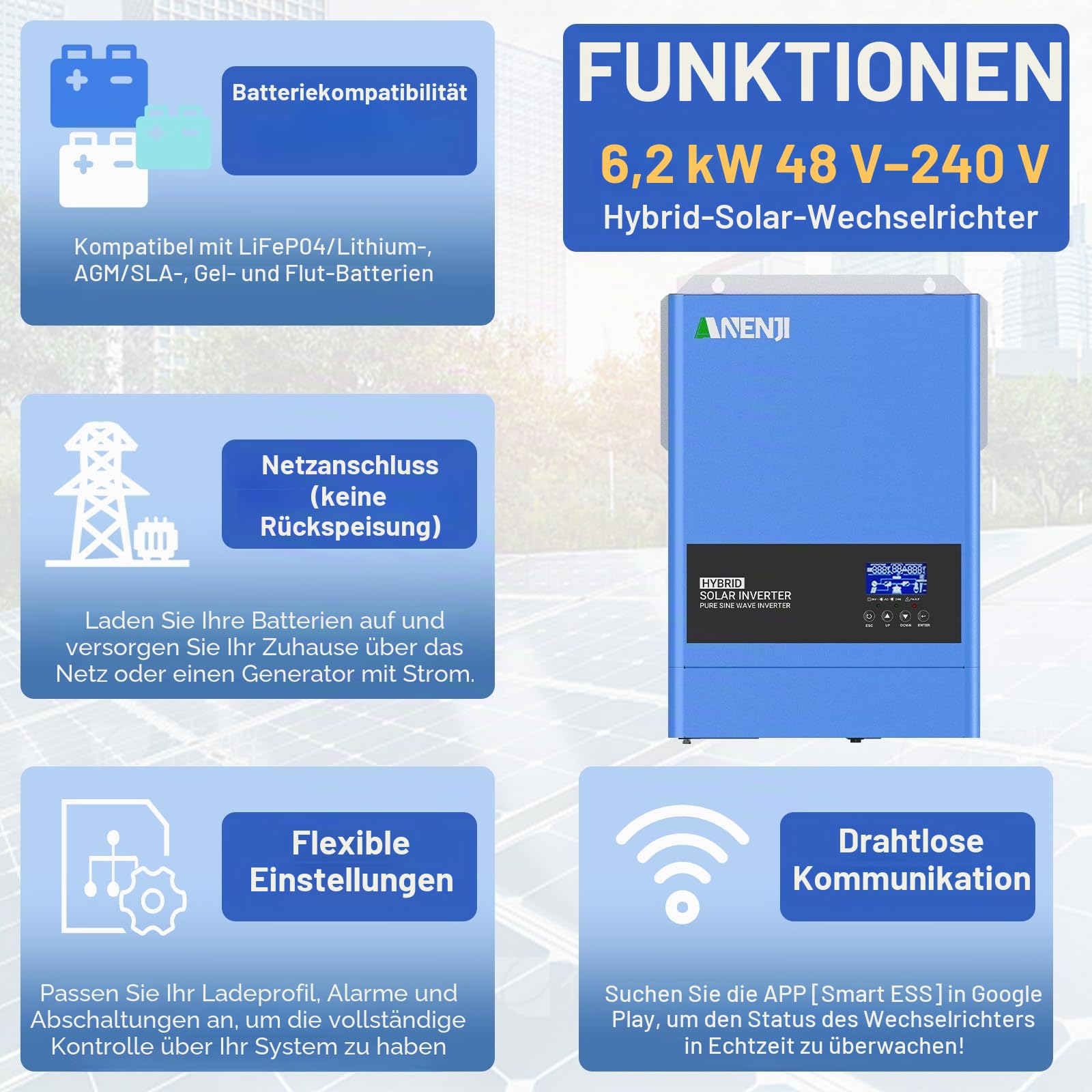 Hybrid-Solar-Wechselrichter 6200 W, 48 V DC auf 230 VAC, Reiner Sinus-Wechselrichter mit 120 A MPPT-Solarladeregler, maximale Eingangsspannung PV 500 V, für