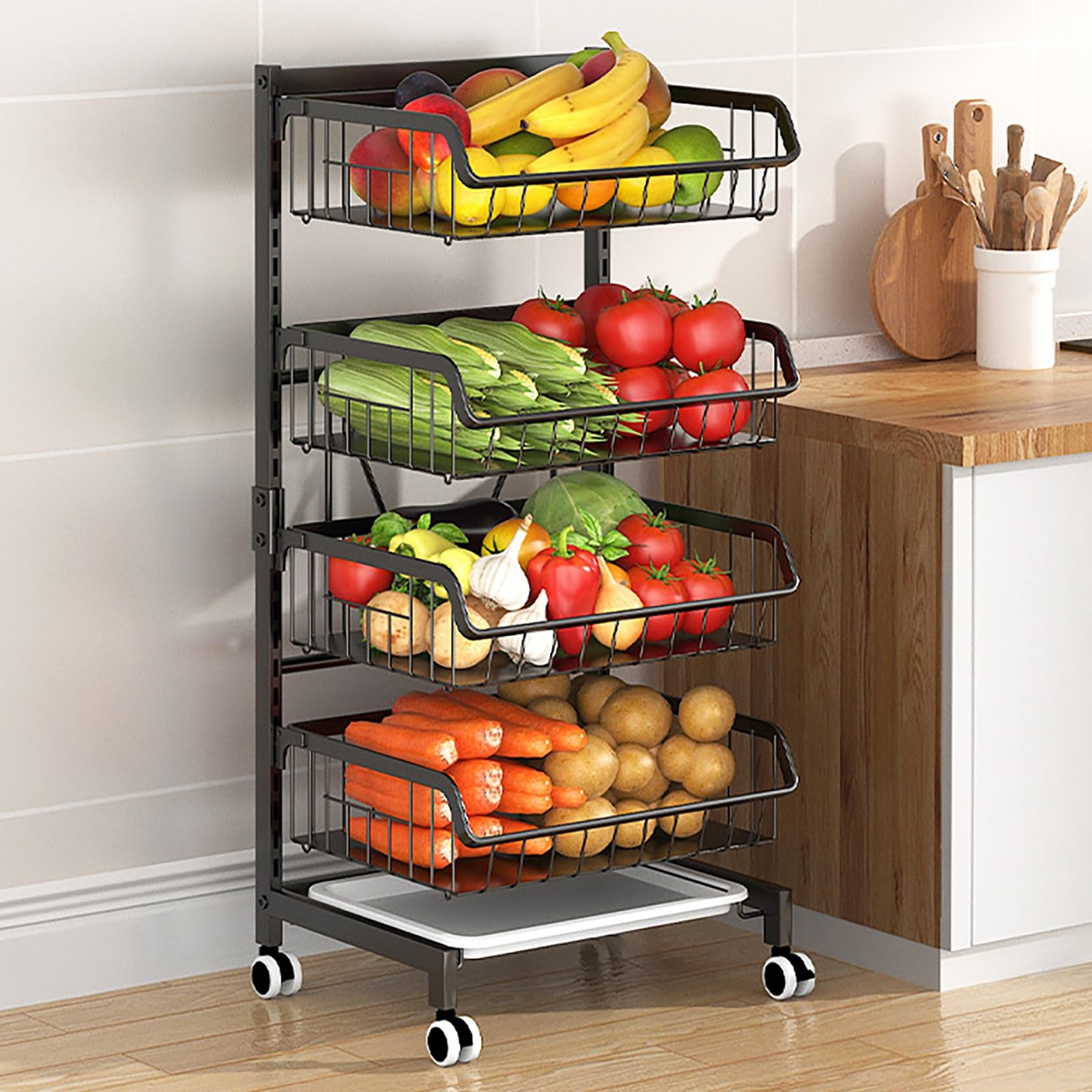Carrello portafrutta con Ruote, Organizer a 4 Ripiani in Rete Metallica con Ruote, scaffale Multiuso Regolabile per Cucina o dispensa, per esporre Frutta e Verdura.