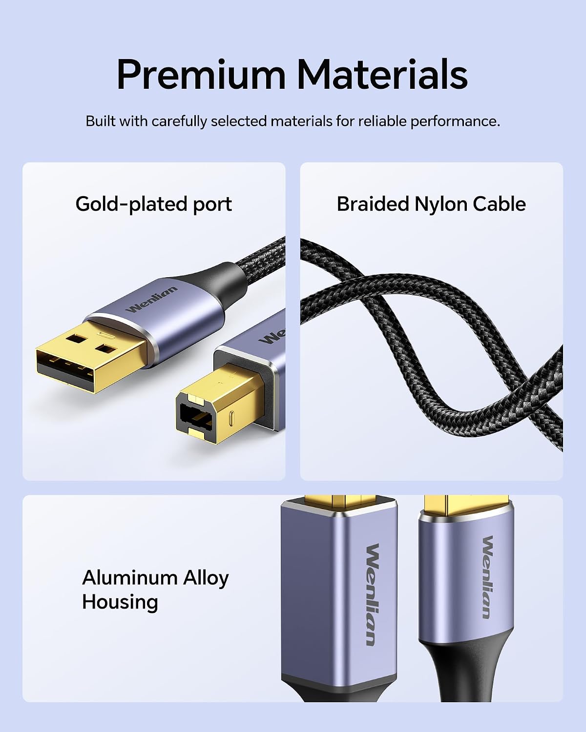 6.6ft USB 2.0 Printer Cable, USB A to B Cable with Ferrite Bead, Gold-Plated Connector, Nylon Braided Cord Compatible with HP Canon Epson Brother Lexmark Xerox Printer Scanner MIDI DJMixer Keyboard