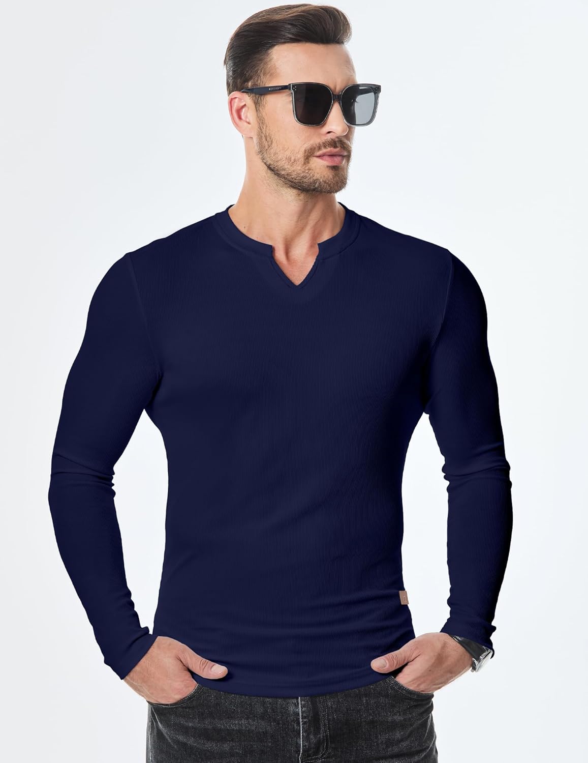 JMIERR Mens Long Sleeve Muscle T Shirts Casual V-Neck Longline Ribbed Tee Shirts - Image 2
