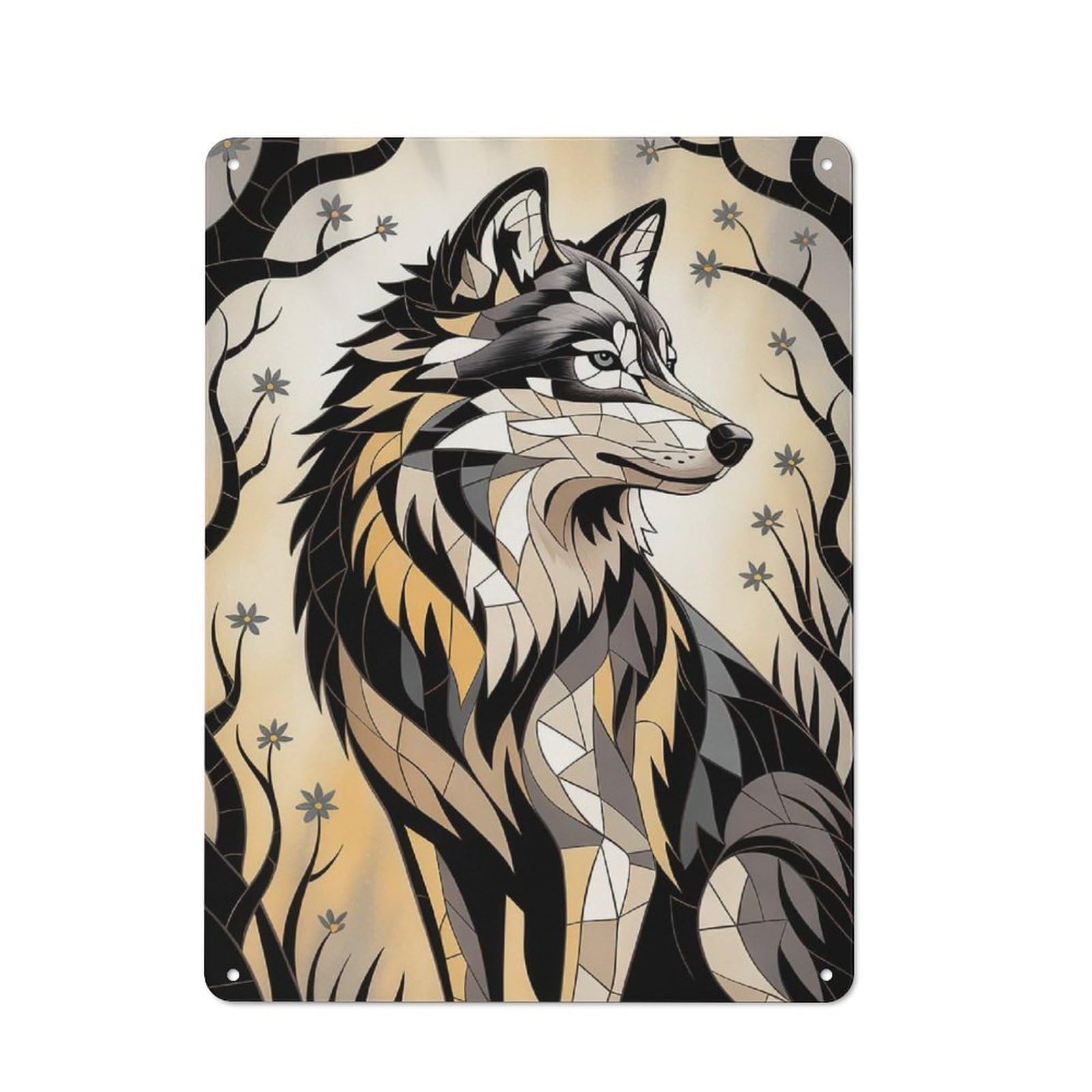 Junmoney Style-6 Gilded Mosaic – Turquoise Wolf Of Celestial Majesty Vintage Printed Metal Sign 40X30cm For Living Room Wall, For Vintage Wall Decor Fans, For Themed Room Decoration