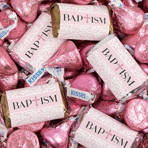 131 piezas de caramelos de bautismo para niñas, recuerdos de fiesta en miniatura, chocolate y besos (1.65 libras, aproximadamente 131 piezas) - Rosa