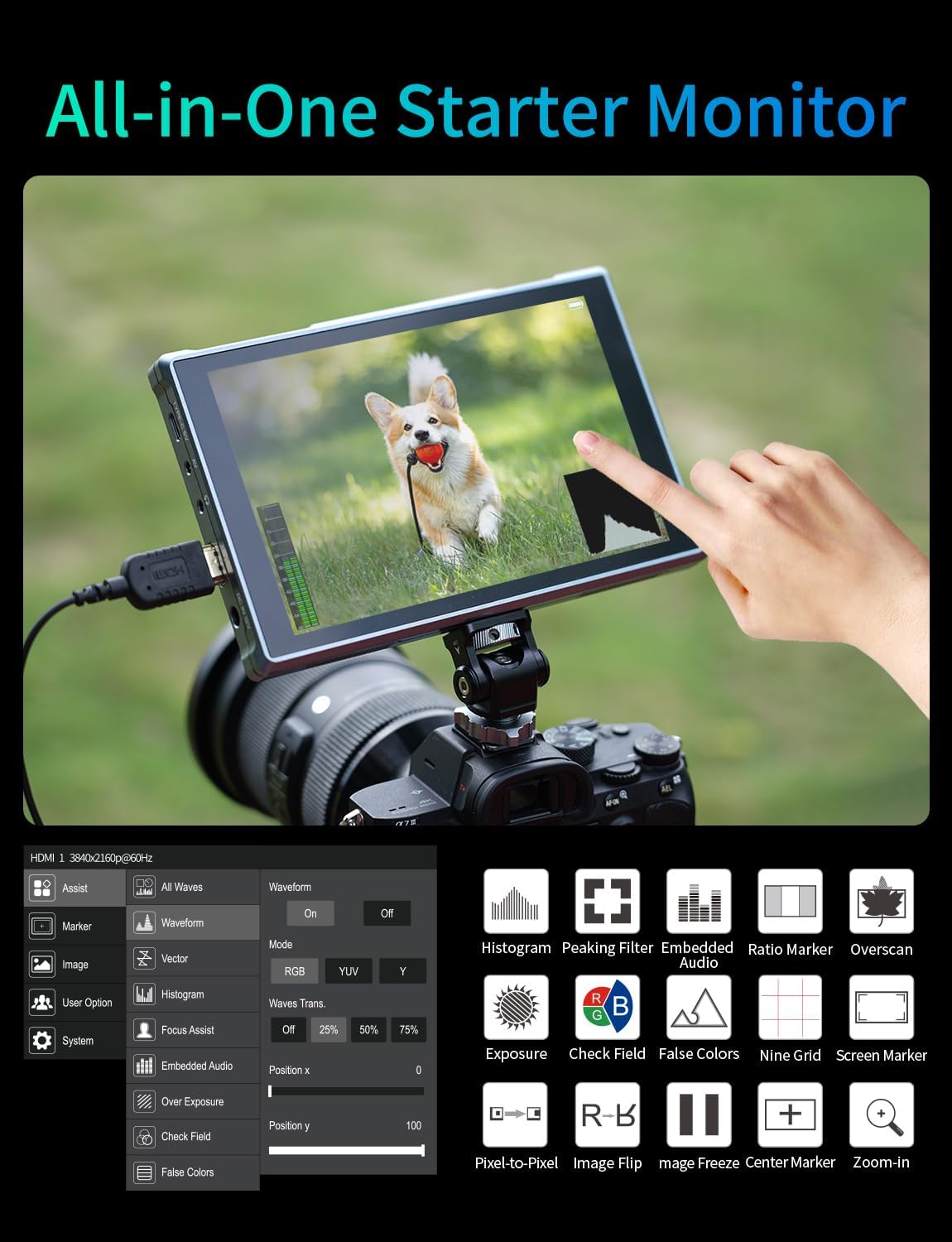 FEELWORLD FW759 PRO monitor mounted on a DSLR camera, showing the touchscreen interface with various monitoring tools.