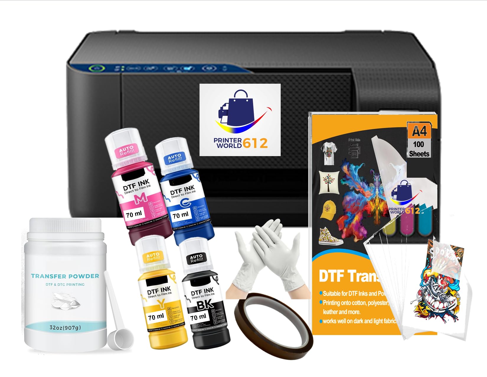 Cartridge-Free Super-Tank Printer with DTF Ink Bundle for Heat Transfers, Easy Fill, Built-in Scanner & Copier - DTF Conversion Printer New, Medium,