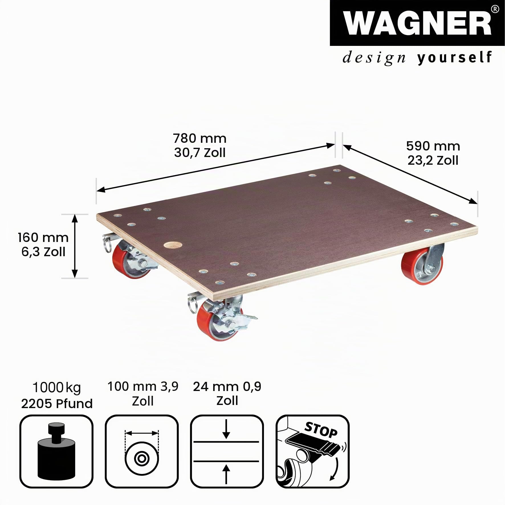 WAGNER Transportroller Transporthilfe 1348 I Schichtholz 24 mm mit Grip 78 x 59 x 16 cm, Tragkraft 1.000 kg I Schwerlastroller für Umzzg, Werkstatt, Handwerk I Softrollen & Bremsen I FSC® I Made in DE
