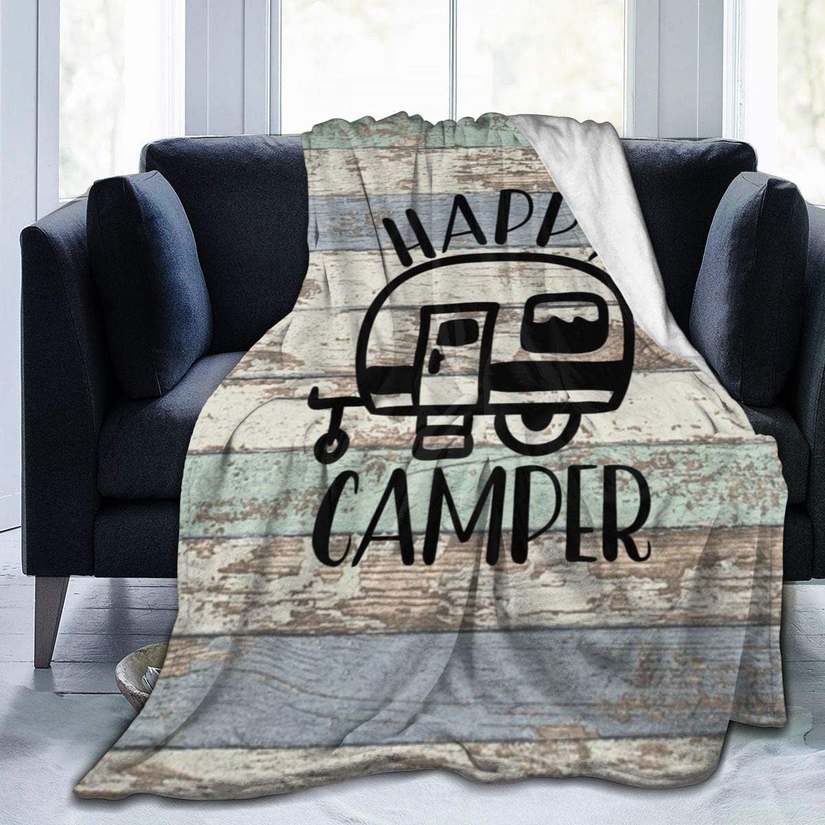 Soft Vintage Wooden Door Happy Camper Throw Wrap, Sherpa Plus Velvet Home Blanket Throw Wearable Blankets, Keep Warm Blankets for Bedroom Living Rooms Sofa Couch, 50x60 inch