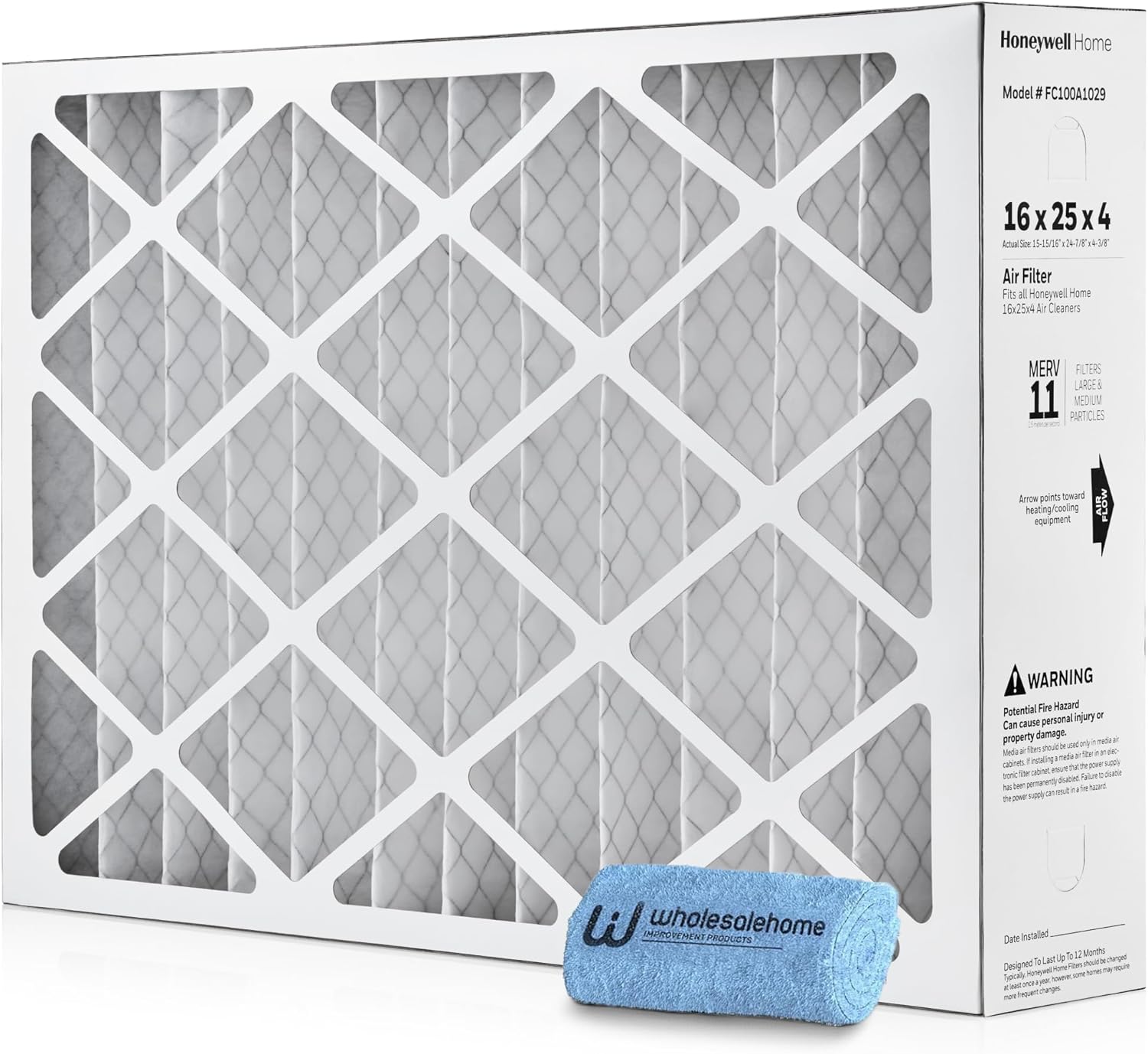 Honeywell 16x25x4 Air Filter Replacement MERV 11, FC100A1029 Pleated HVAC AC Furnace Filters with Wholesalehome Cleaning Cloth (Actual Size: 15.94 x 24.86 x 4.38 Inches)