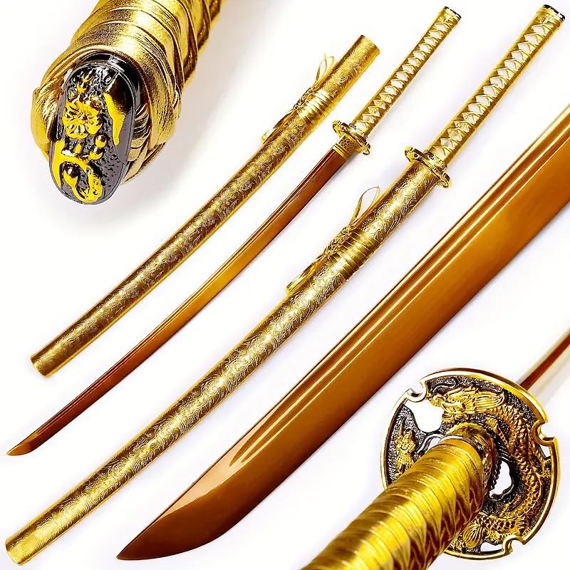 Katana de dragón de oro hecha a mano de acero de alto carbono, espada samurái japonesa de espiga completa, espada realmente afilada lista