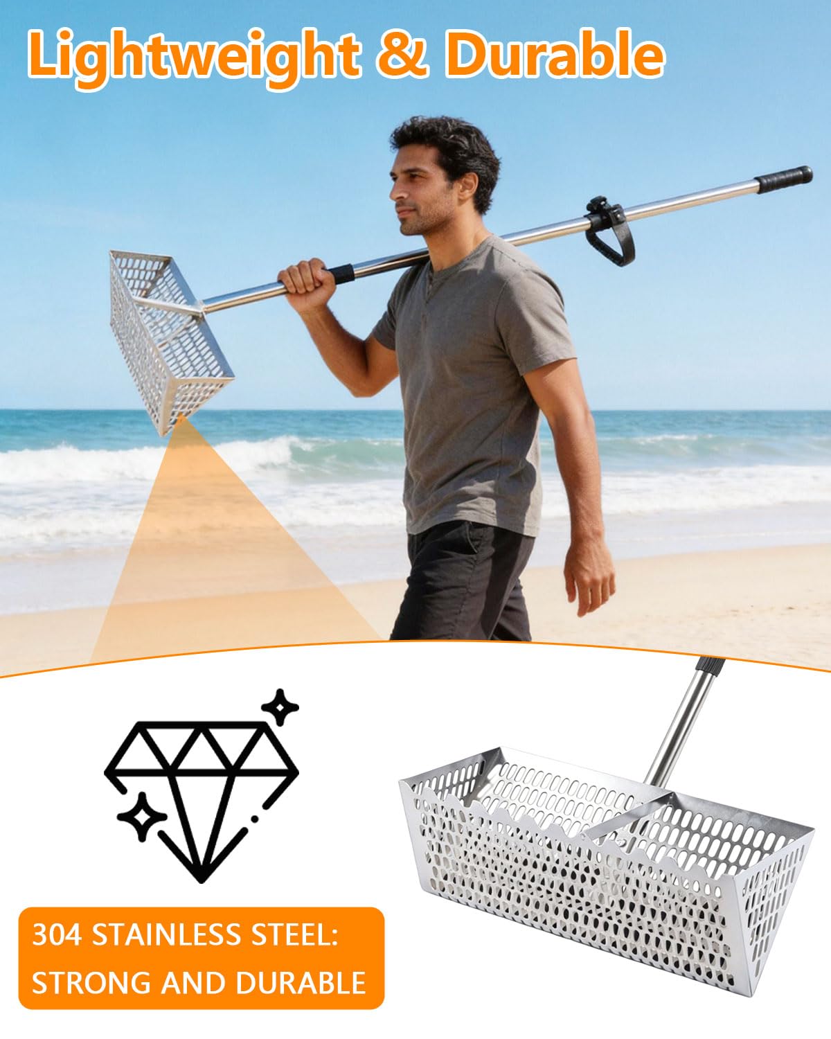 Edelstahl Strand Sandsieb Mit Rutschfestem Griff, Abnehmbarem 170 cm Langen Sandrechen Griff, 20×40cm Korb, Edelstahl 304, für Strand Camping/gemeinsame Aktivitäten mit Kindern