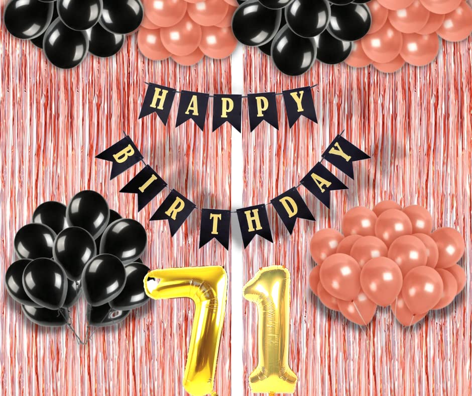 Image of 71st Birthday Decoration items for Girls with Black and Rose Gold Balloons, Black Happy Birthday Banner, Rose Gold Foil Curtain, Foil Balloon number 71