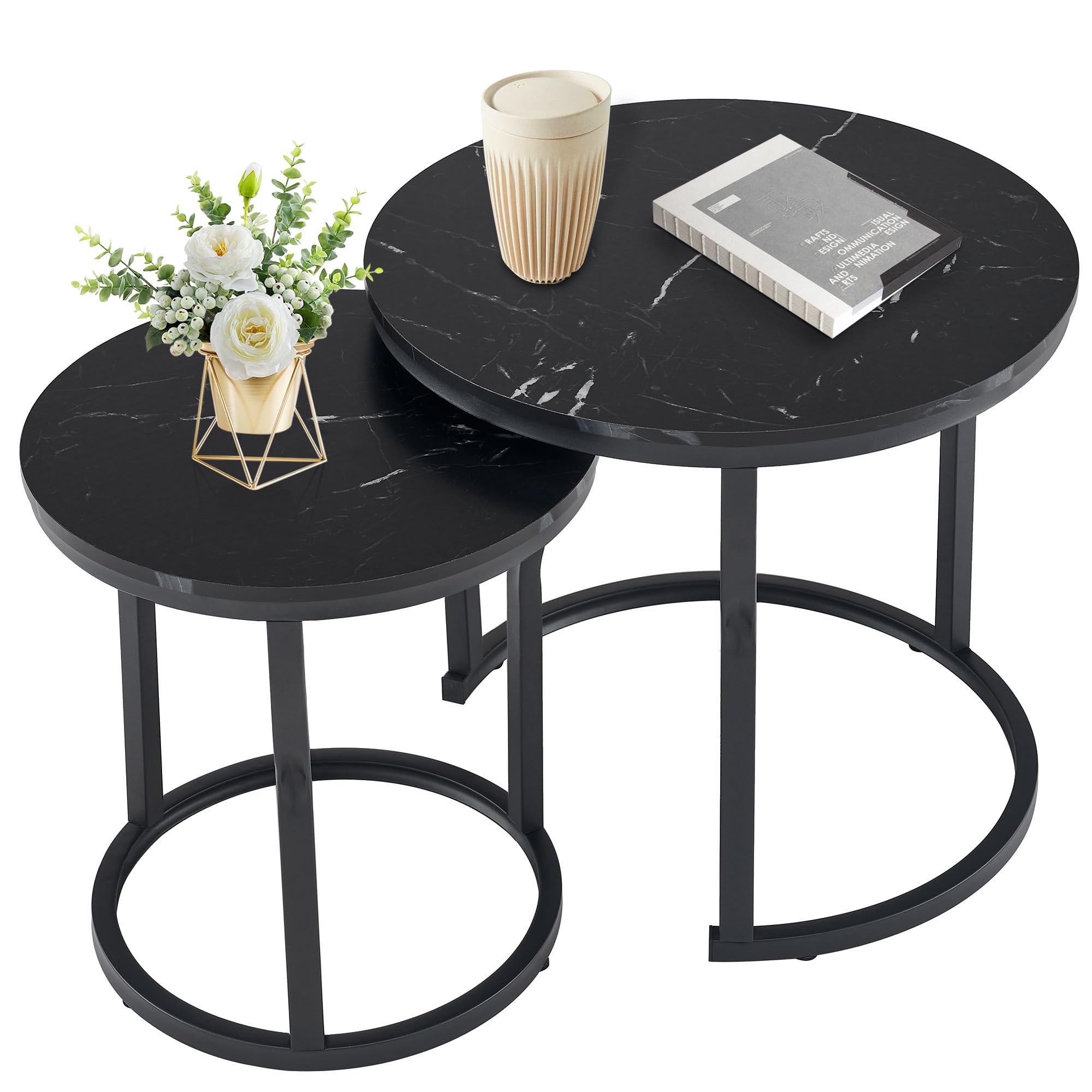 Hoctieon Nesting Coffee Tables, Round Nesting Tables Set of 2, End Tables, Stacking Nesting Tables for Living Room, Circle Coffee Tables, Side Tables Wooden Table Top, Black Marble