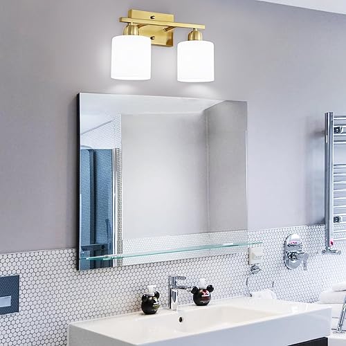 Miniatura 6 de Vanidad de baño de 2 luces, luces de baño sobre espejo con pantallas de vidrio esmerilado blanco lechoso, luz dorada para espejo, sala de estar,