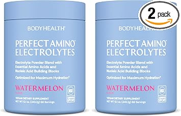 BodyHealth PerfectAmino Electrolytes Powder No Sugar, Hydration Fasting Keto Zero Sugar Electrolytes Drink Mix with Trace Minerals - NSF Certified for Sport - Watermelon - 66 Servings Pack of 2