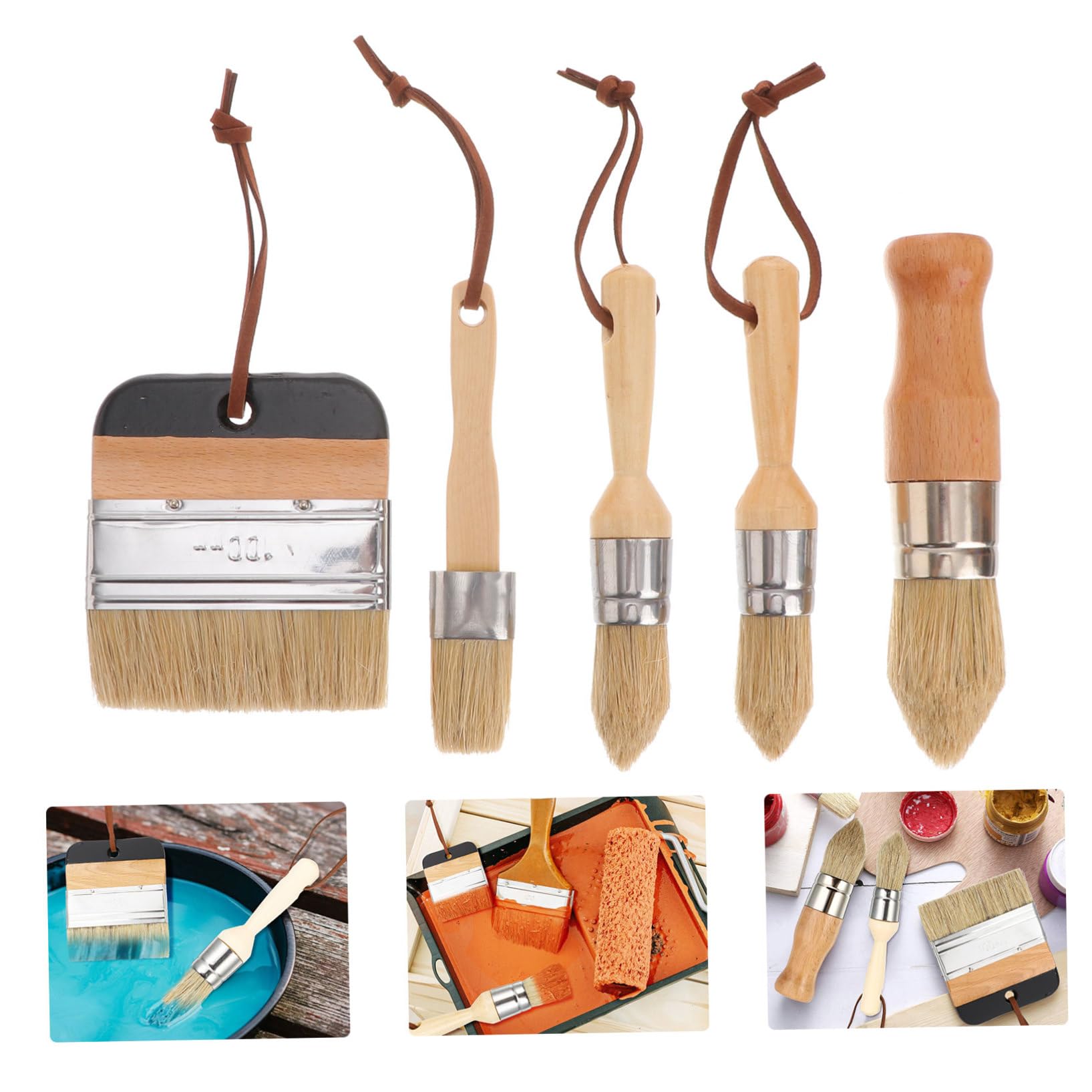 Hemobllo Set de Pinceaux Ronds Manche en Bois Robuste Lot de 5 et Poils Naturels pour Peinture à l'huile et Vernis pour Peindre Murs et Meubles