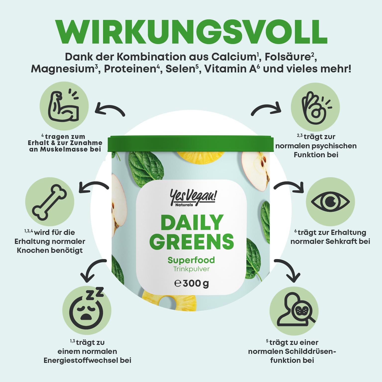 Daily Greens Superfood Pulver (300 Gramm) mit Vitaminen, Mineralstoffen, Veganem Protein und Ballaststoffen I Gerstengras, Vitamin D3, Vitamin B12, Zink I Smoothie Pulver