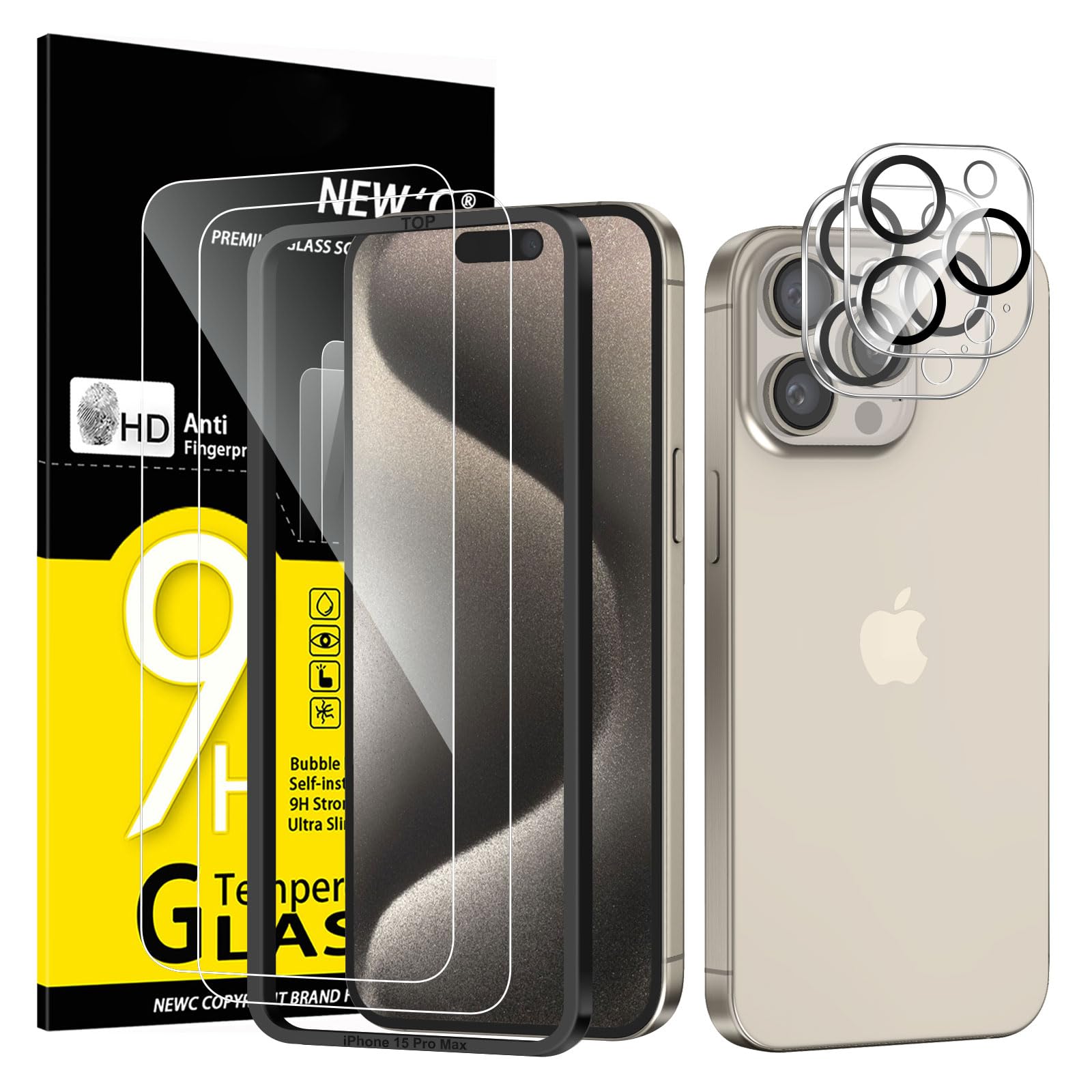 NEW'C 4 Pack, 2 x Protector Pantalla para iPhone 15 Pro Max (6,7 Pulgadas) y 2 x Protector Pantalla Protector de Lente de Cámara - Cristal Templado - Ultra Resistente - Cristal Dureza 9H Global Recycled Standard Global Recycled Standard Global Recycled Standard