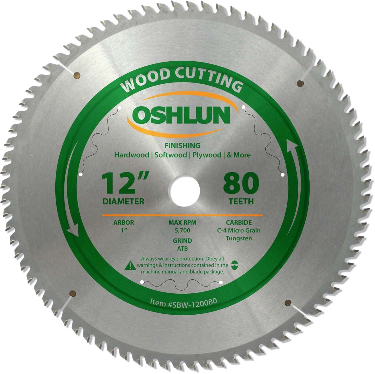 Oshlun SBW-120080 12-Inch 80 Tooth ATB Finishing Saw Blade, 1-Inch Arbor, Carbide