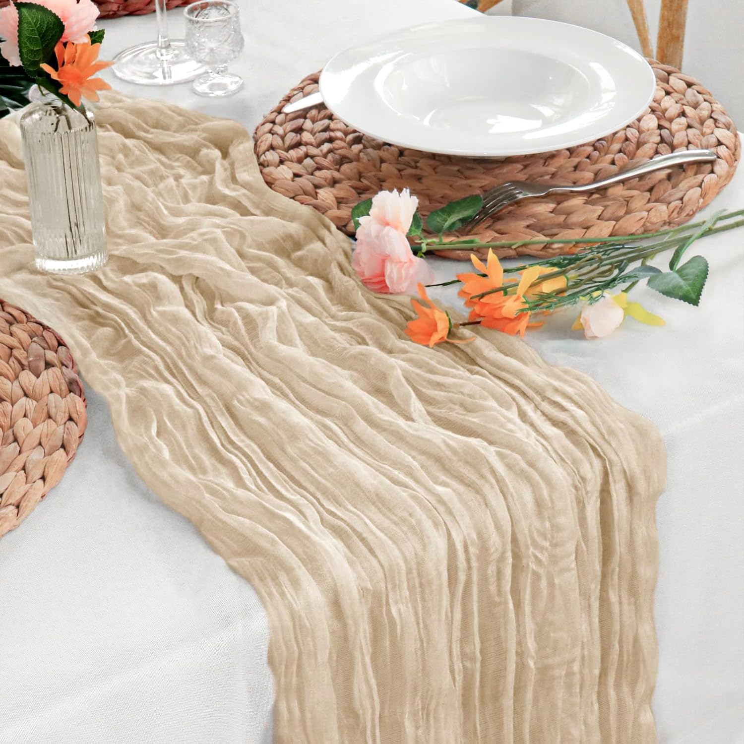 16Packs Champagne Cheesecloth Table Runner  Boho Gauze Vintage Table Decor, 120 Inch Long Rustic Cloth Runner for Wedding, Bridal Shower, Birthday, Romantic Party 10Ft (Champagne, 24" x 120"-16Packs)