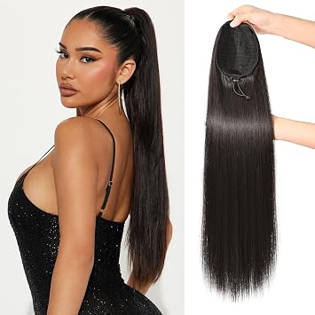 REECHO Ponytail Extension, 28" Long Straight Drawstring Pony Hair Extension Synthetic Pony Tail Hairpiece for Women