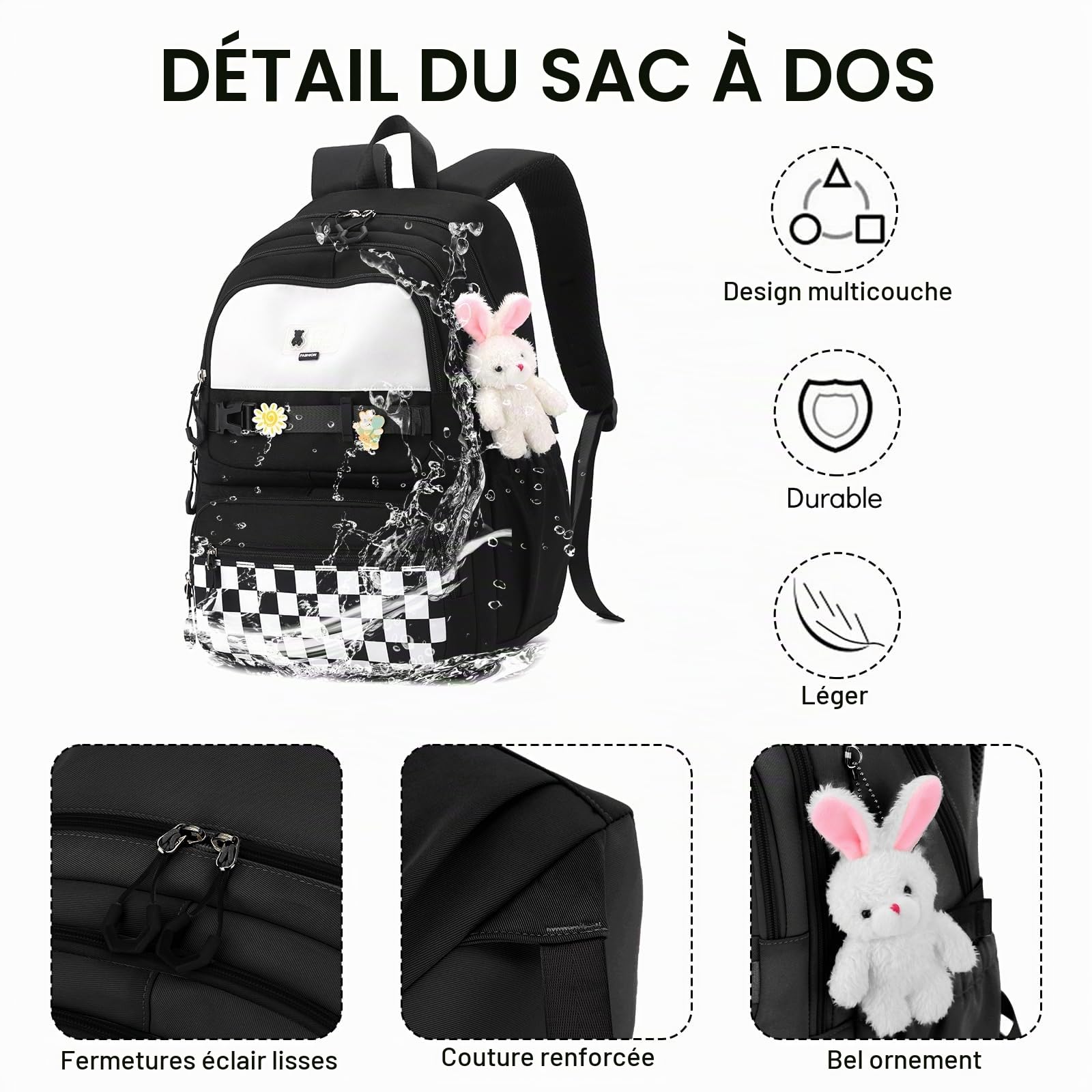 Amythe Sac a Dos Fille, Cartable Primaire Etanche pour Enfant, Sacs à Dos Scolaire Loisir Nylon, Sac D'école Filles Adolescent Pour L'école et les Voyages -Noir