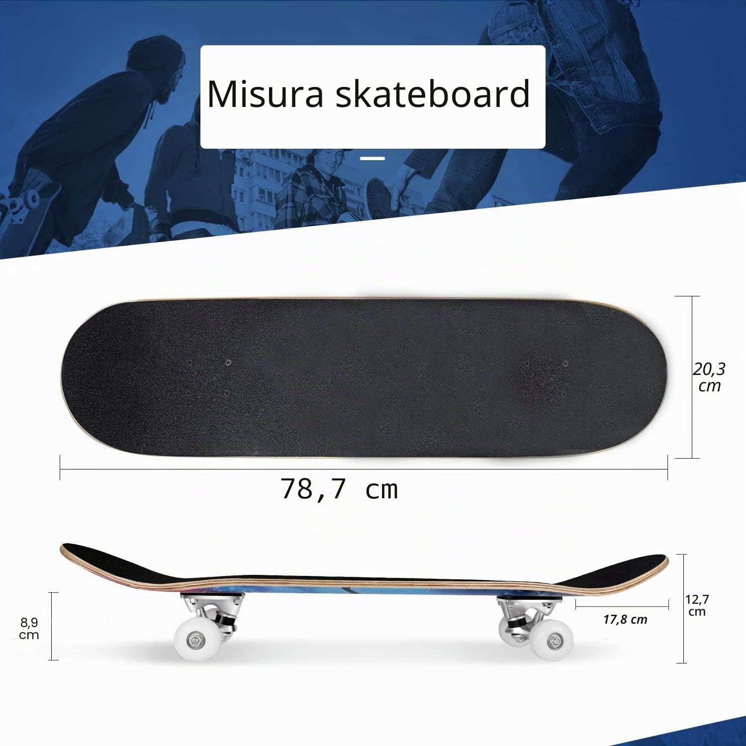 Skateboard completo con 7 strati di acero, tavola standard per ragazzi, ragazze, adolescenti, adulti e principianti, 78,7 cm x 20,3 cm, Blu