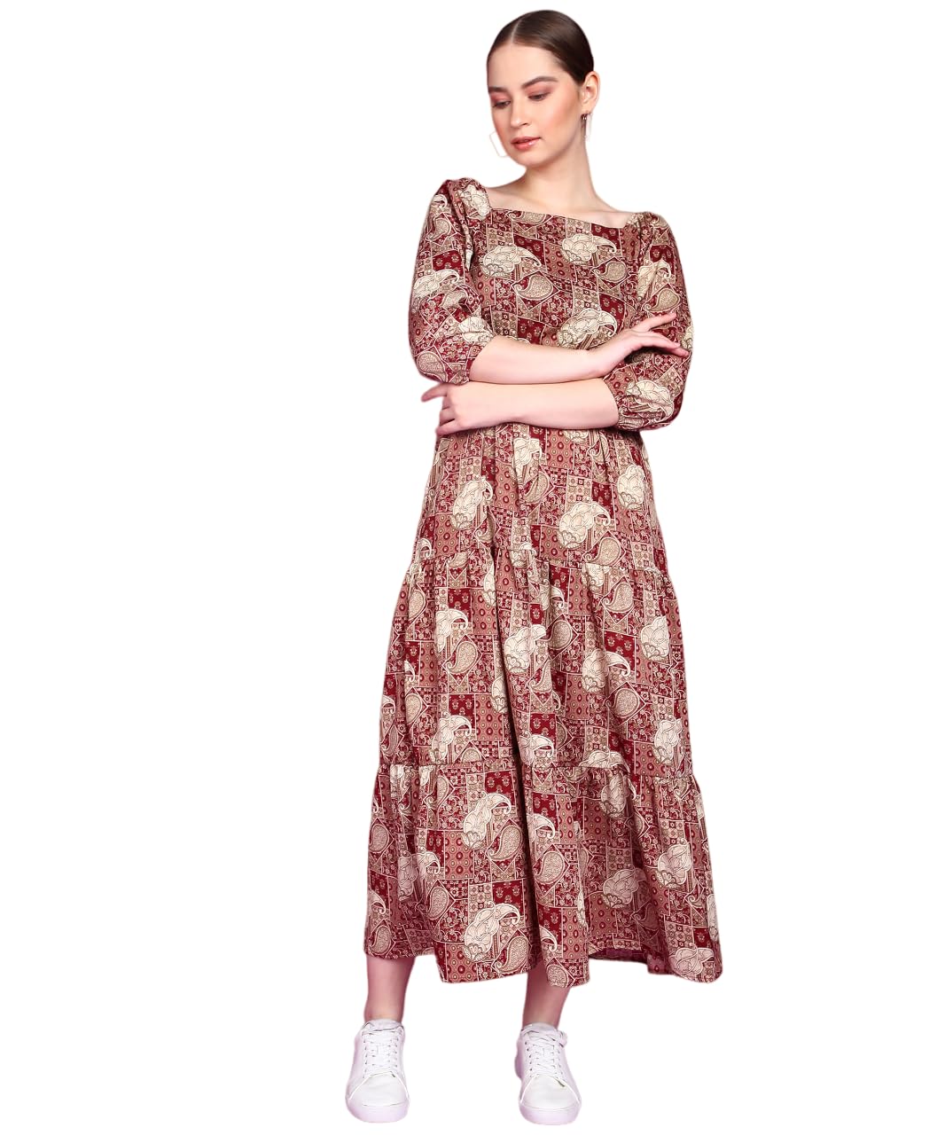 Popwings Polyester Fit And Flare Maxi Women Dress (B0Cgddst4T_Maroon