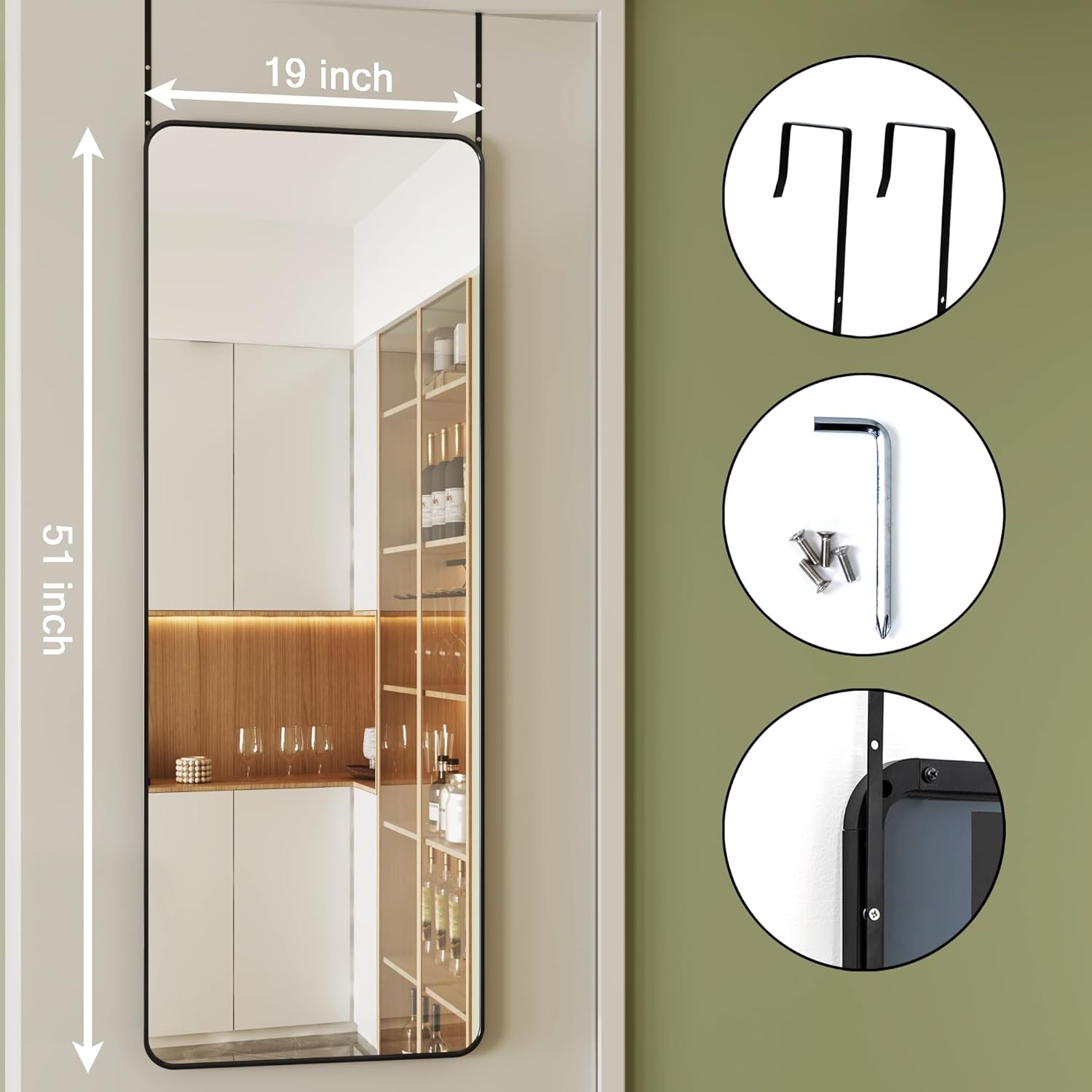 19"x51"Over Door Mirrors, Hanging Mirror Over Doors,Back of Door Mirror Full Length,Full Body Mirrors for wall(Black)