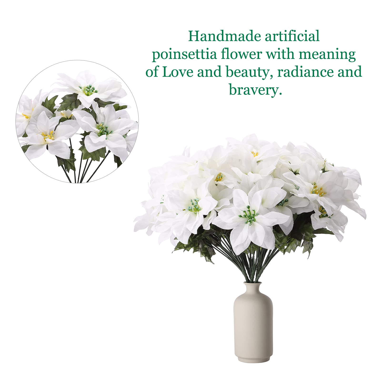 Flores Artificiales de Navidad, Flor de Pascua, 4 Piezas, Ramas Blancas de Flor de Pascua con 7 Cabezas, arbustos Artificiales de Flor de Pascua para la decoración navideña del hogar.