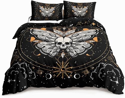 HOSIMA Juego de ropa de cama de mariposa para niñas, diseño de calavera gótica, estilo bohemio, funda de edredón para dormitorio, diseño de sol y