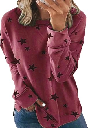 Womens Long Sleeve Star Print Sweatshirt Casual Side Split Loose Pullover Tops Crew Neck Simple Fall Top