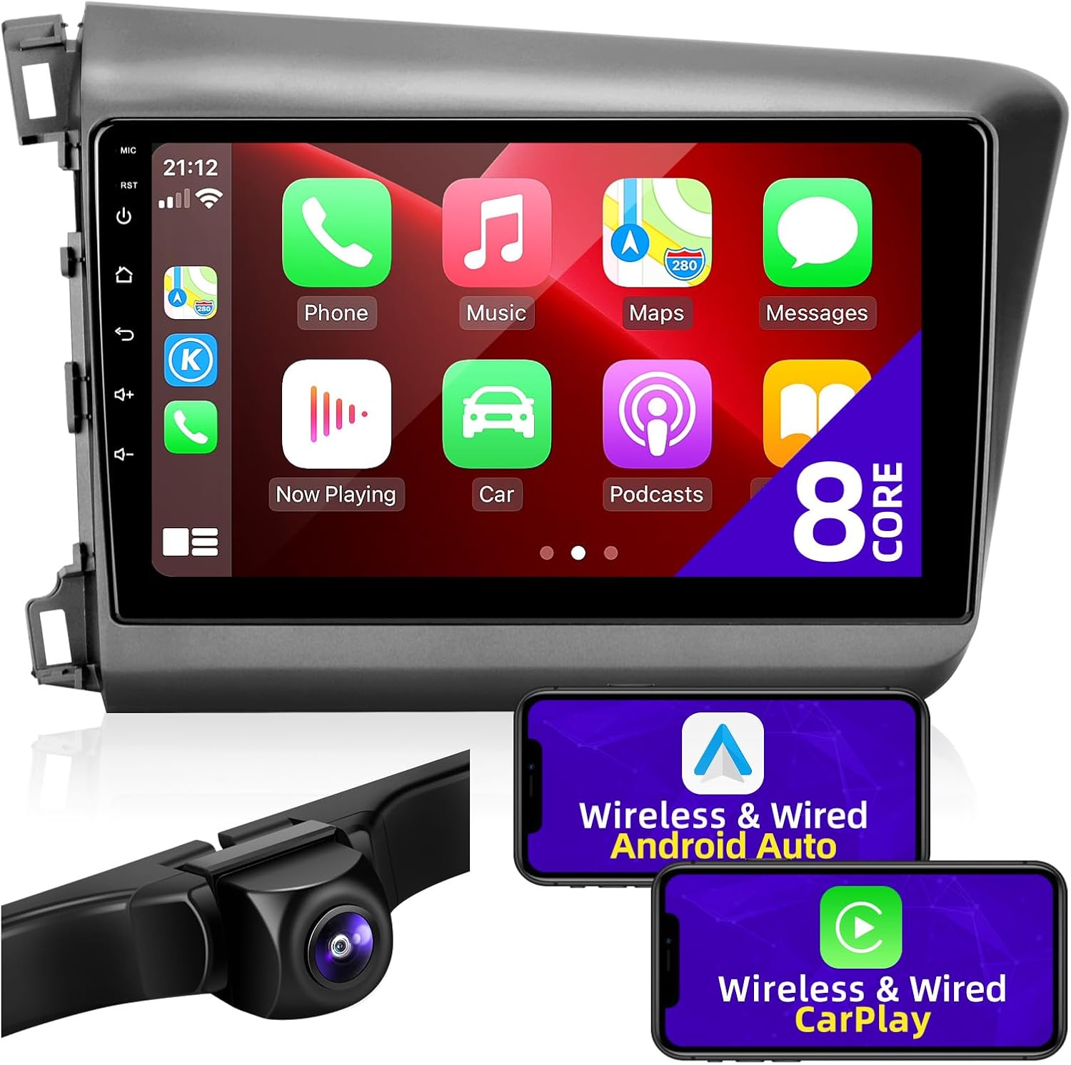 for Honda CIVIC 2012 Radio Upgrade Compatible with Wireless Carplay Android Auto 8core 1280X720 IPS TouchScreen Car Android Stereo Bluetooth WIFI FM/AM GPS Navigation Multimedia Player Head Unit