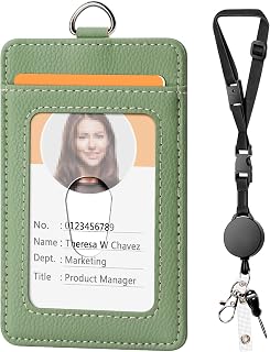 Leather Badge Holder and Adjustable Retractable Lanyards, Quick Release Buckle and Safety Breakaway Lanyards with Swivel Metal Clasp for Offices, Staff, Students, Employees