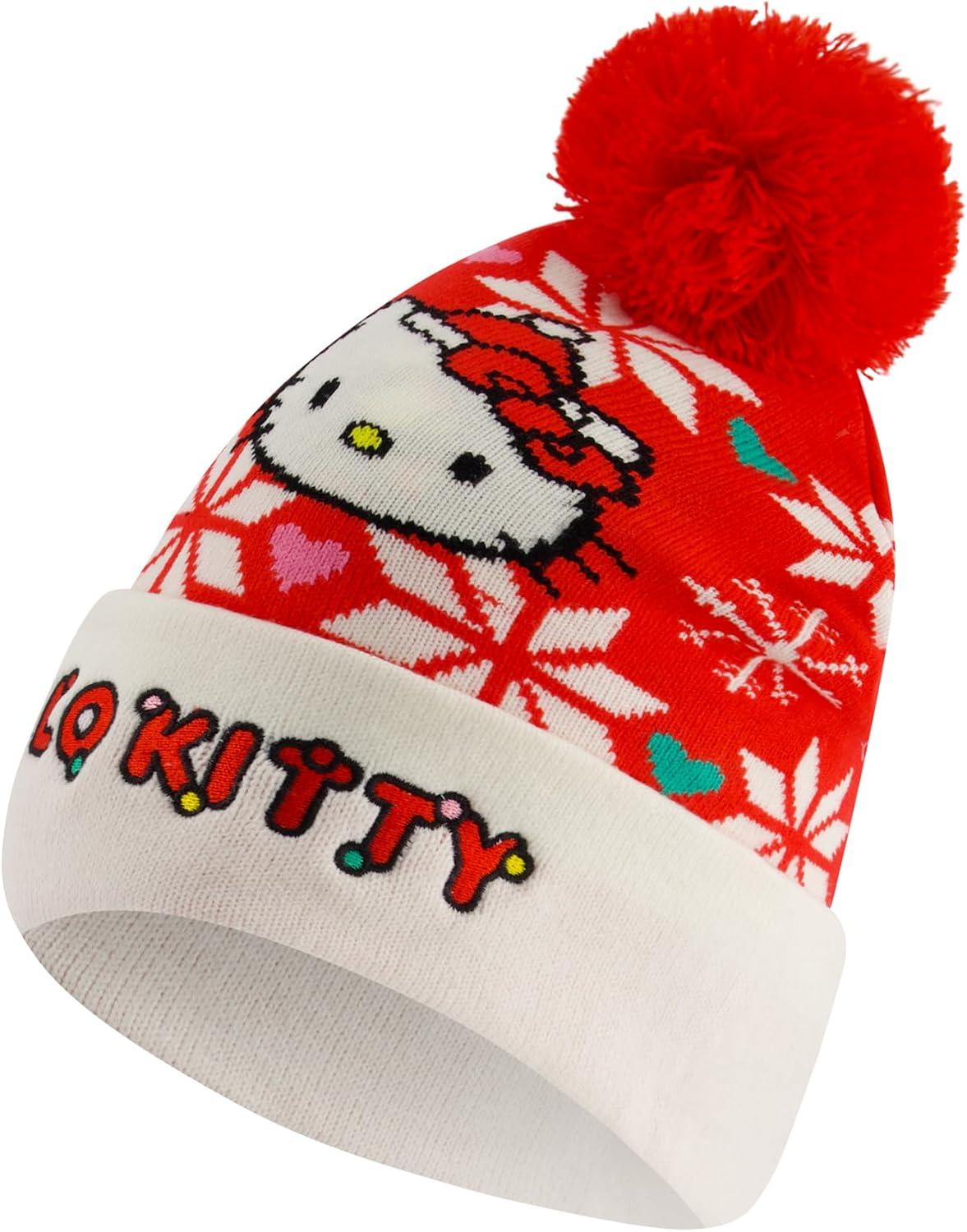 Hello Kitty Beanie Hat, Adult Women's Cuffed Knit Cap with Pom, Santa Hat Holiday Design, Red, One Size