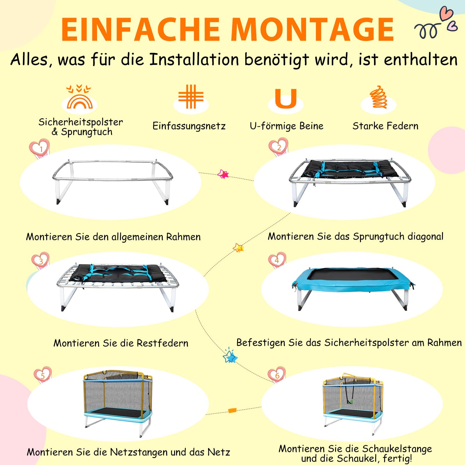 COSTWAY 3 in 1 Kindertrampolin, Fitness Trampolin Outdoor | Gartentrampolin rechteckig mit Schaukel & Reckstange, Trampolin mit Sicherheitsnetz für Kinder ab 3 Jahren